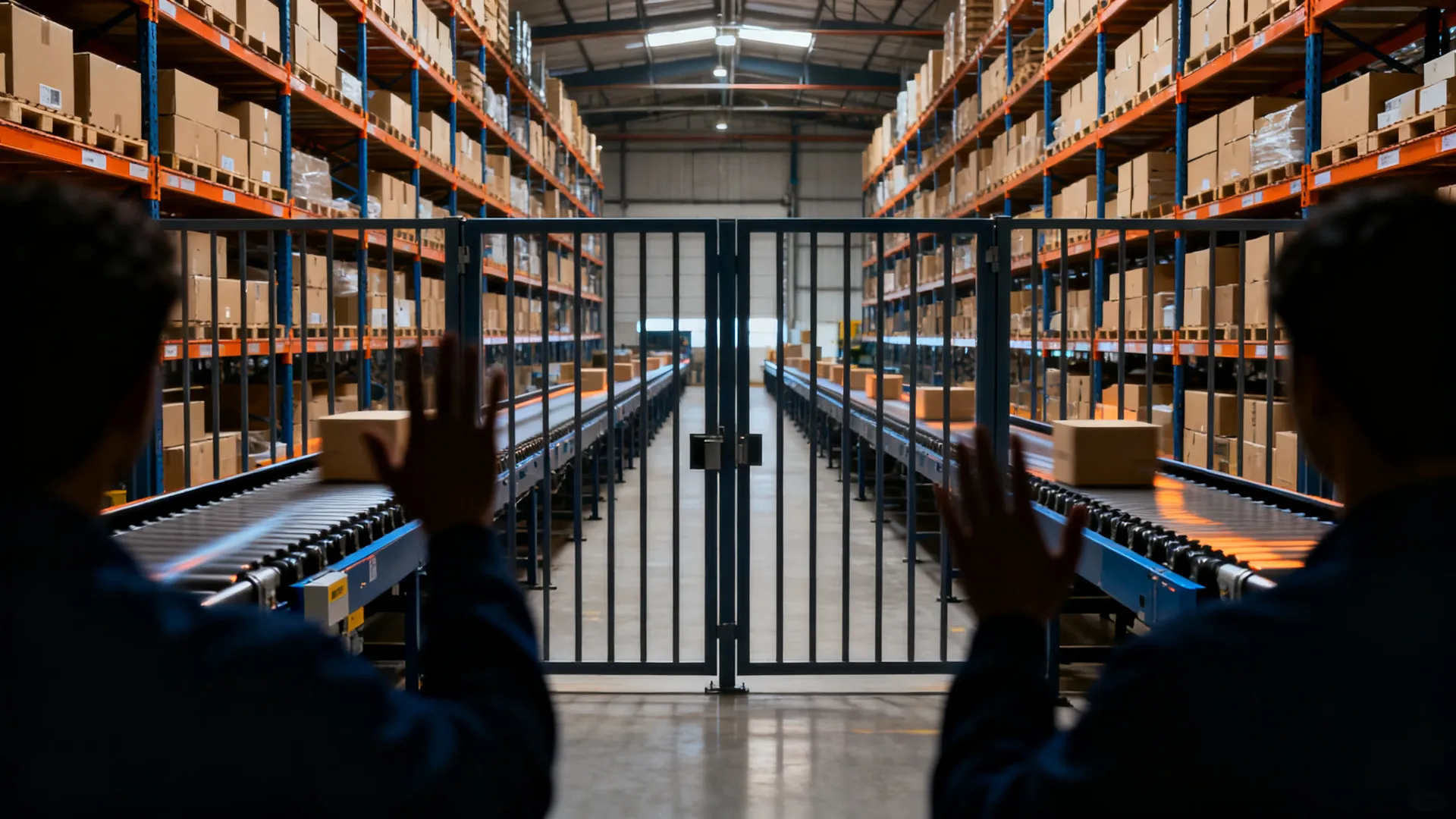 A large e-commerce fulfillment warehouse with tall shelves of cardboard boxes and conveyor belts