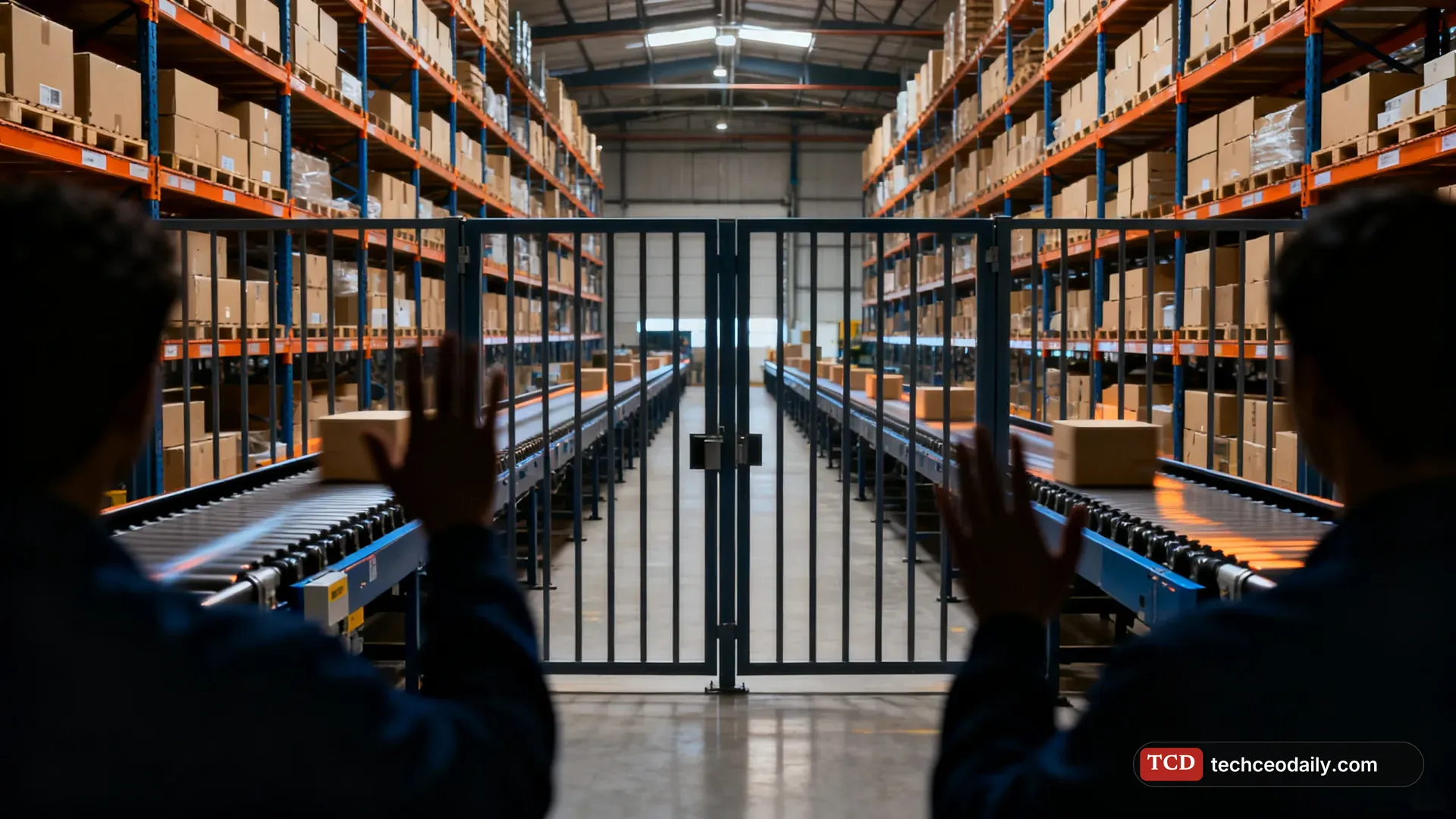 A large e-commerce fulfillment warehouse with tall shelves of cardboard boxes and conveyor belts, illustrating Amazon blocks Meta Muse shopping agent while opening its seller tools to