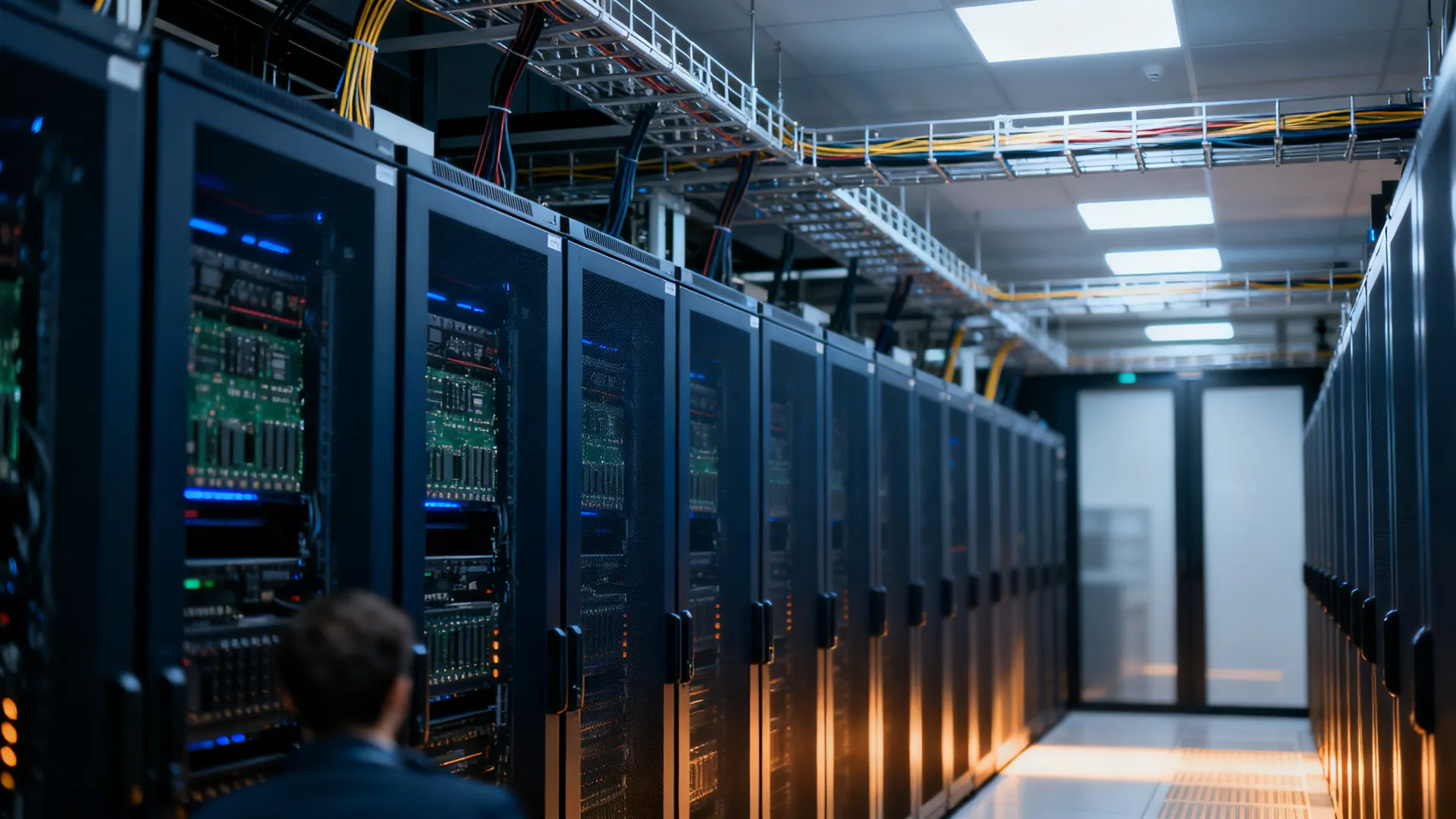 Rows of CPU server racks inside a distributed edge data center