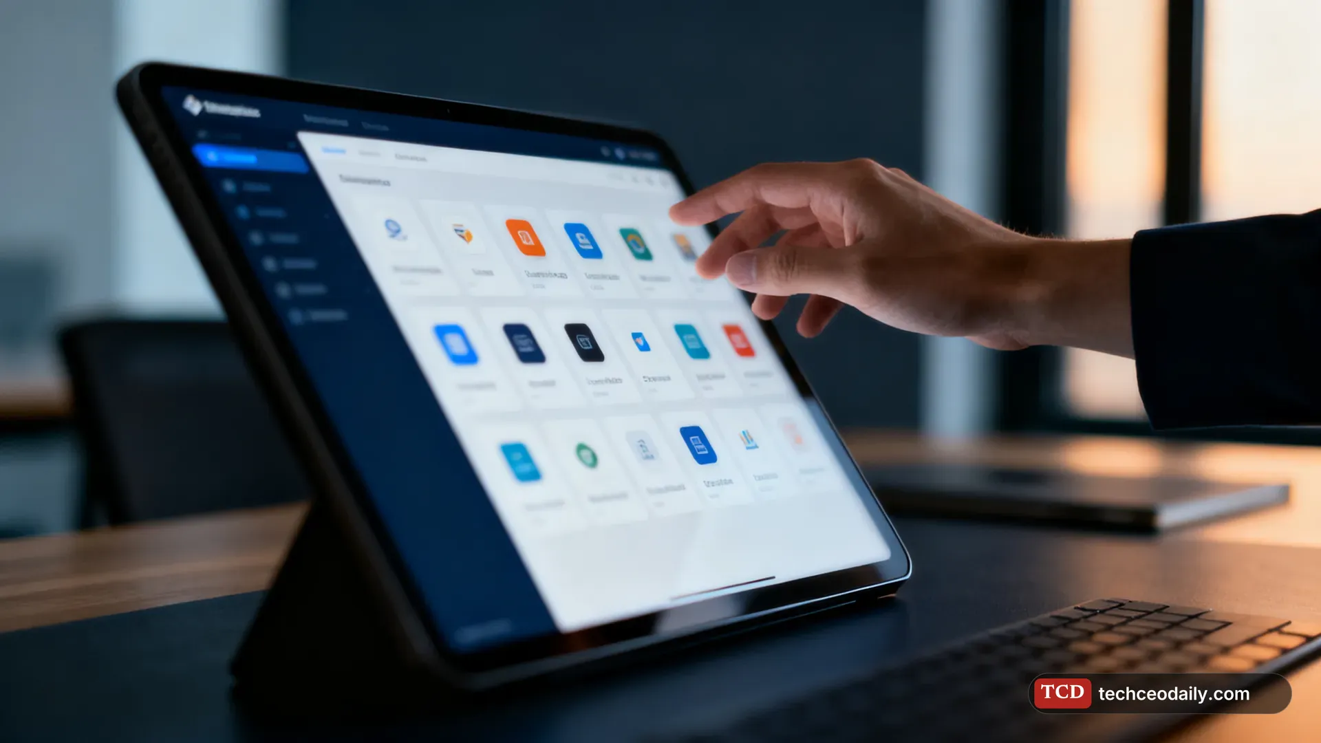 An enterprise software catalog shown on a large touchscreen in a modern office, illustrating Anthropic opens Claude Marketplace, letting customers spend AI commitments on partner