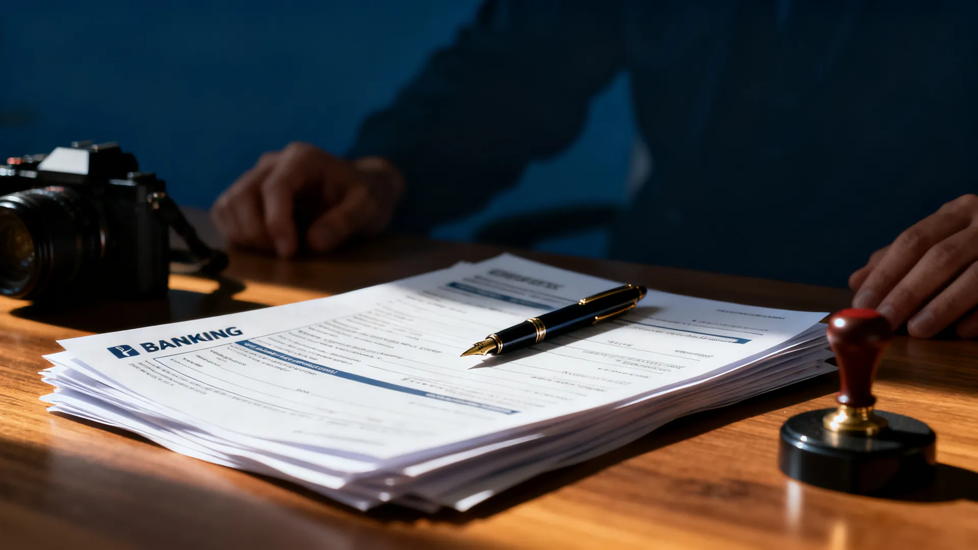 A stack of banking application documents with a fountain pen and an official stamp on a desk