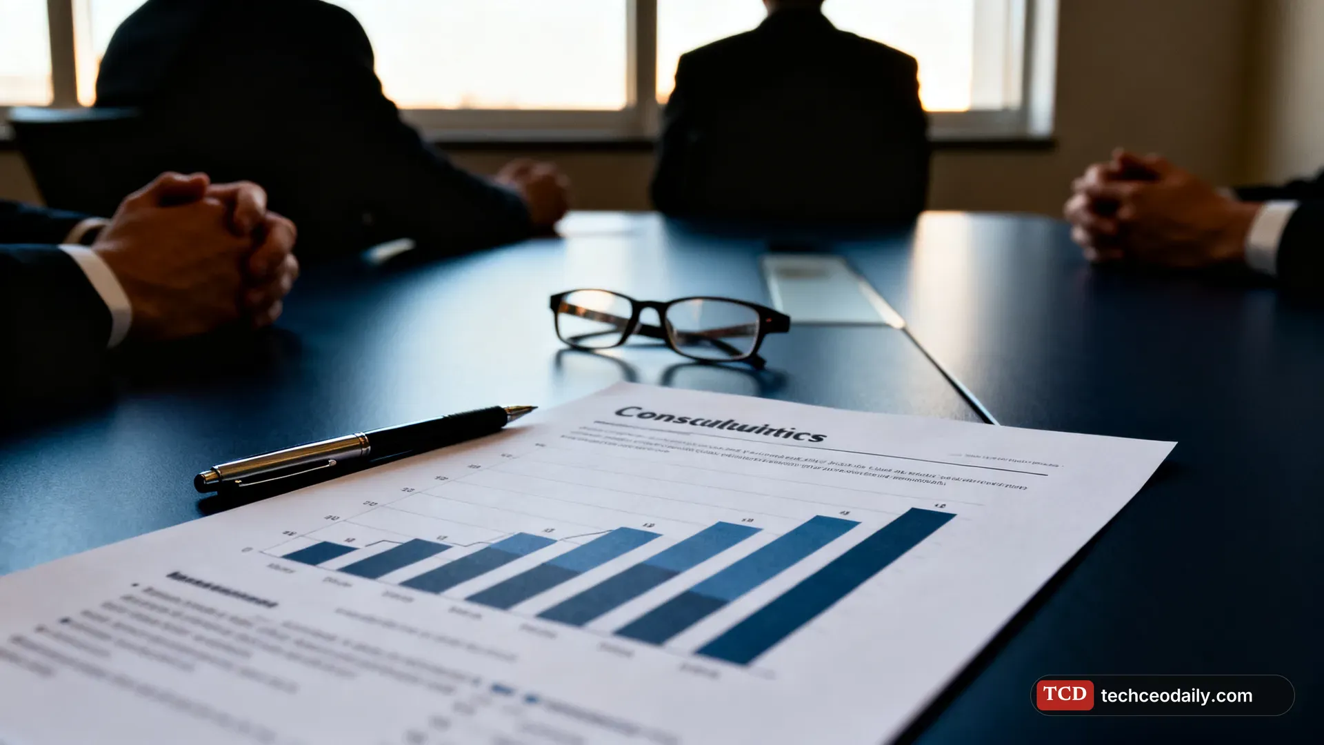 A printed consulting report with bar charts on a boardroom table