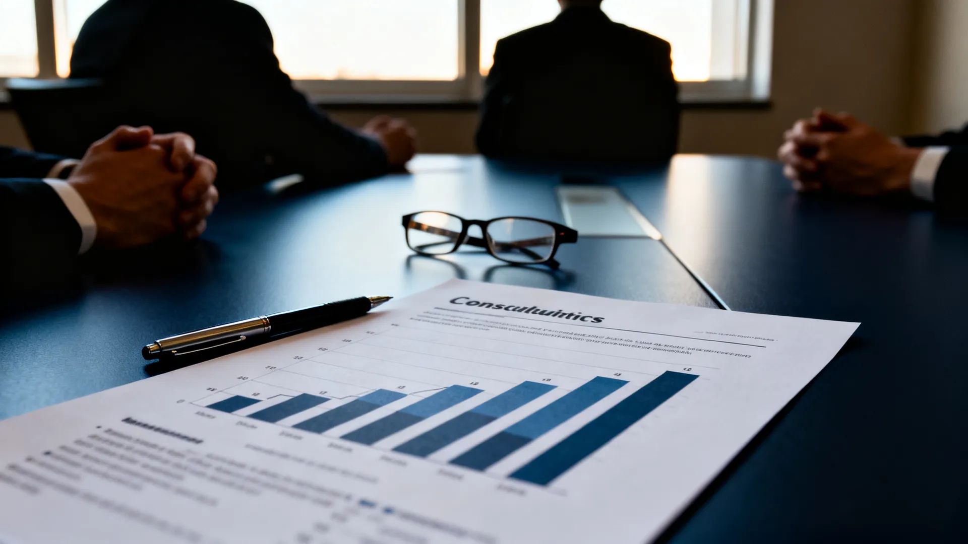 A printed consulting report with bar charts on a boardroom table