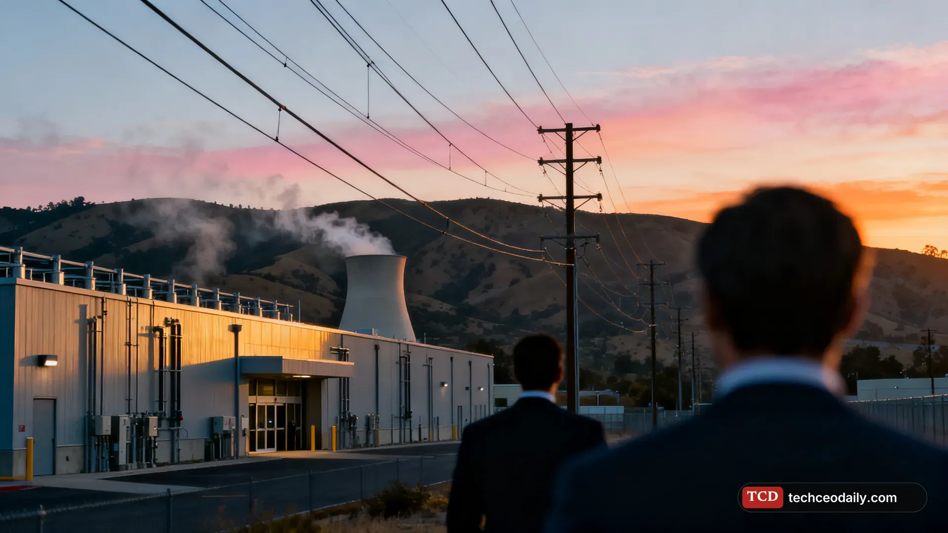 A data center next to high-voltage power lines and a water cooling tower in California hills at sunset