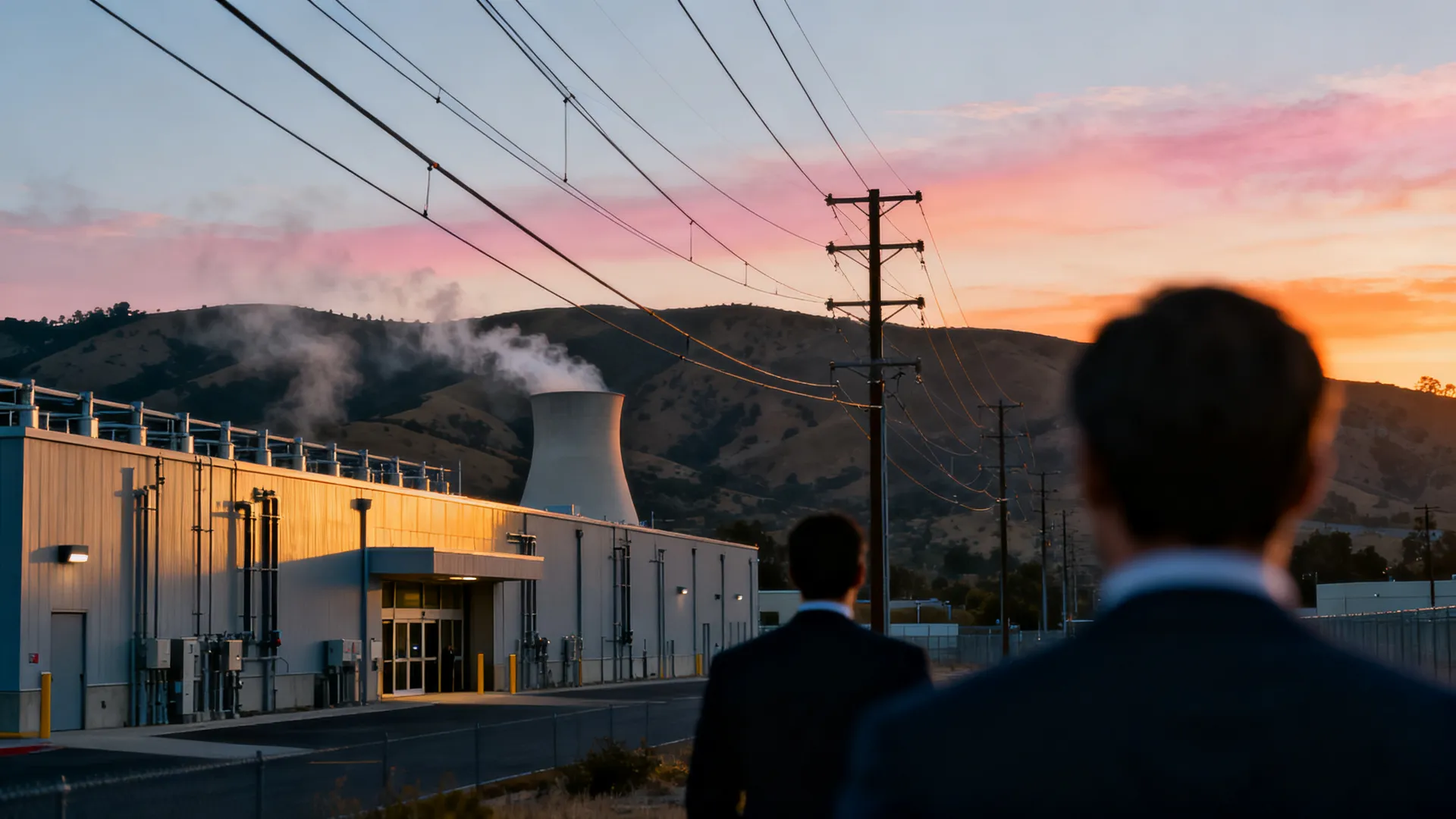 A data center next to high-voltage power lines and a water cooling tower in California hills at sunset