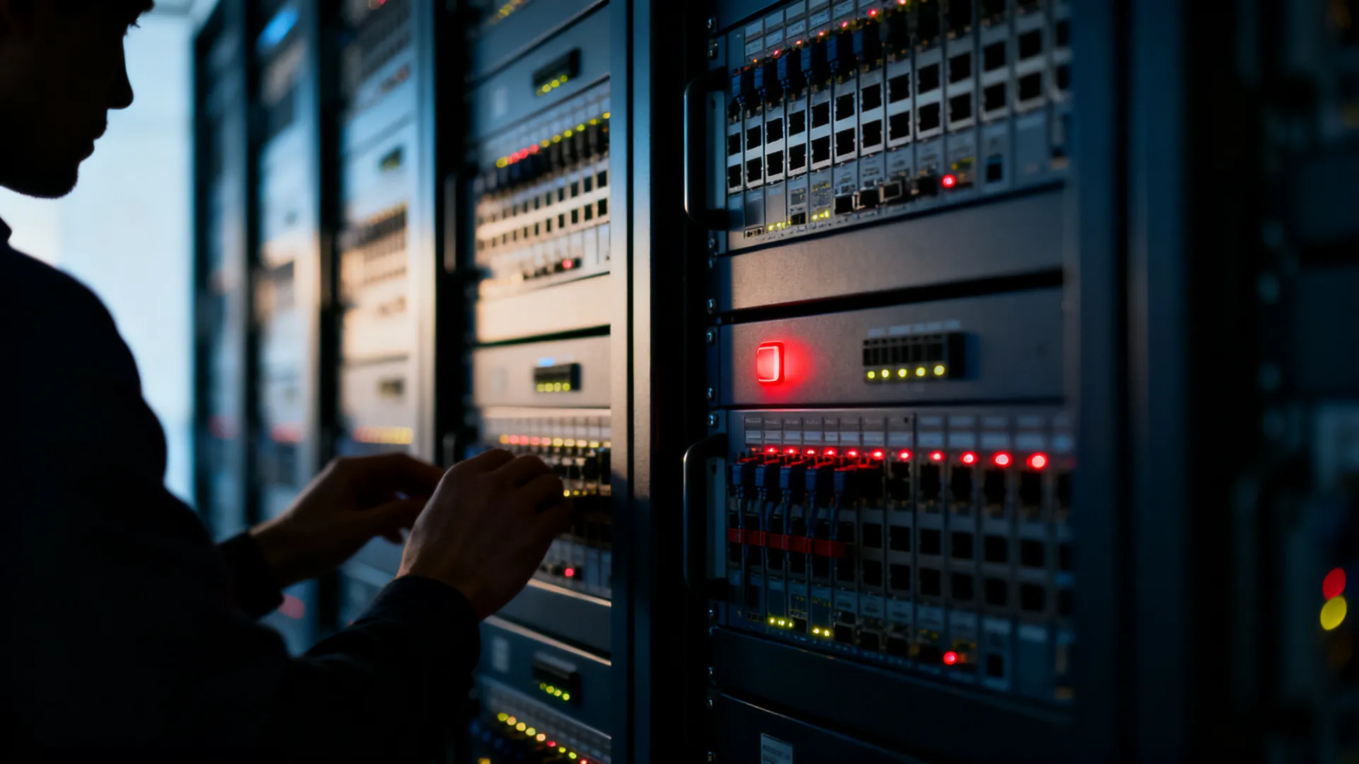 Rows of enterprise firewalls and network switches with blinking lights in a telecom room