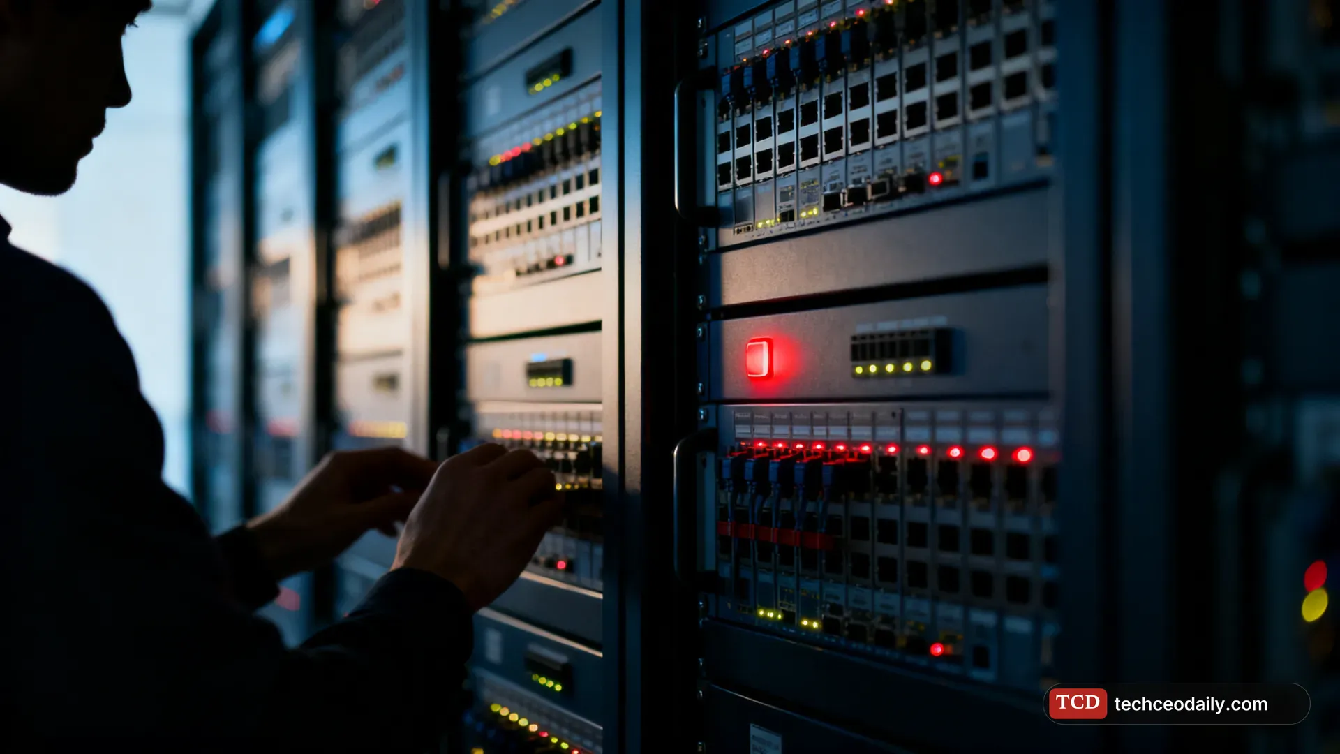 Rows of enterprise firewalls and network switches with blinking lights in a telecom room, illustrating Check Point vulnerability, F5 and Arista network gear flaws exploited, CISA warns