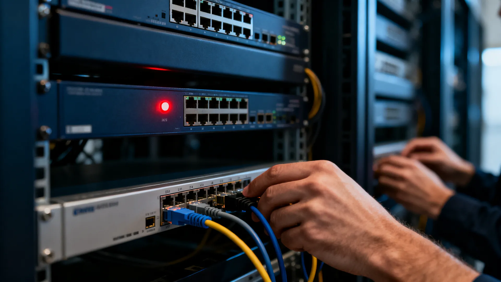 Close-up of network appliances in a rack with a flashing red alert LED