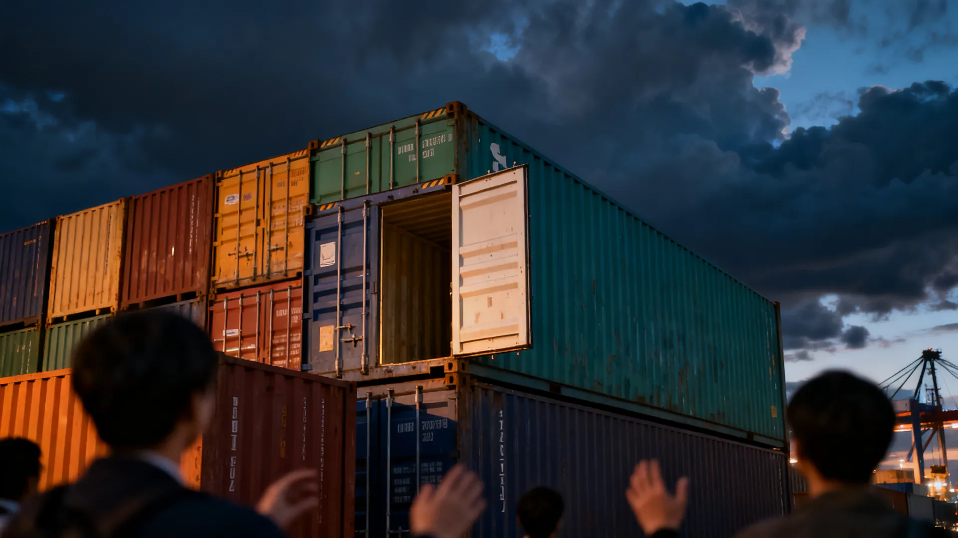 Stacks of colorful shipping containers at a port at dusk