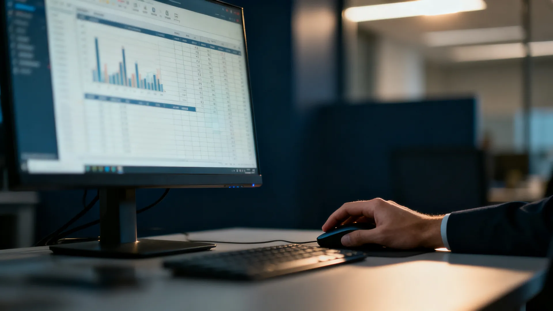A large monitor displaying a blurred spreadsheet with charts