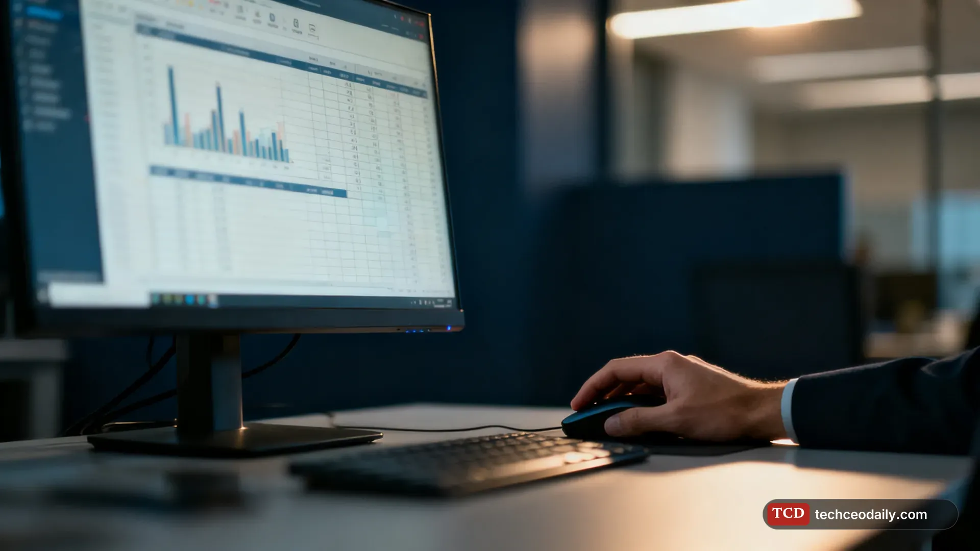 A large monitor displaying a blurred spreadsheet with charts