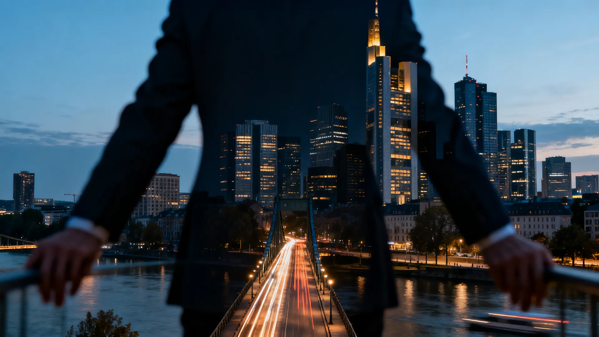 The skyline of Frankfurt at blue hour with modern bank towers