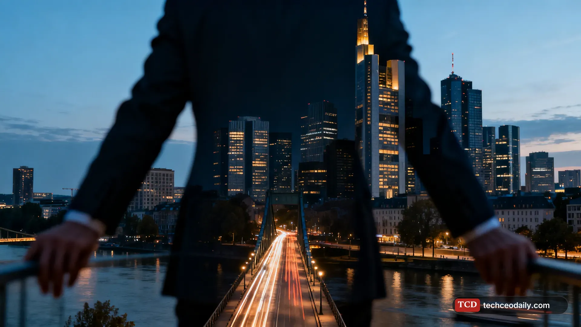 The skyline of Frankfurt at blue hour with modern bank towers, illustrating ECB launches Pontes to settle tokenised assets in central bank money