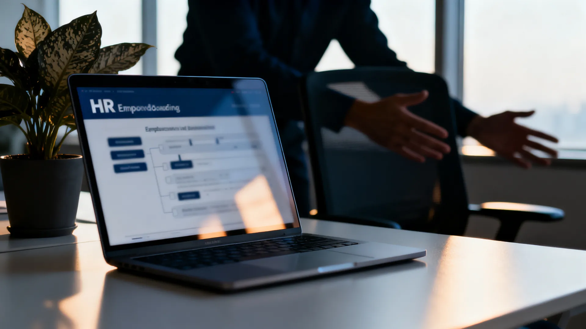 An HR office with a laptop showing a blurred employee onboarding workflow