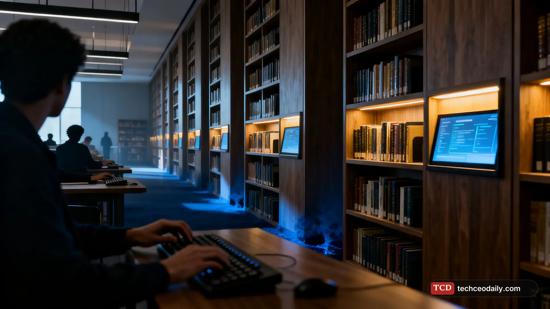 A vast modern library with tall bookshelves and glowing digital screens between the stacks, illustrating Firecrawl raises $75 million to build a paid knowledge library for AI agents