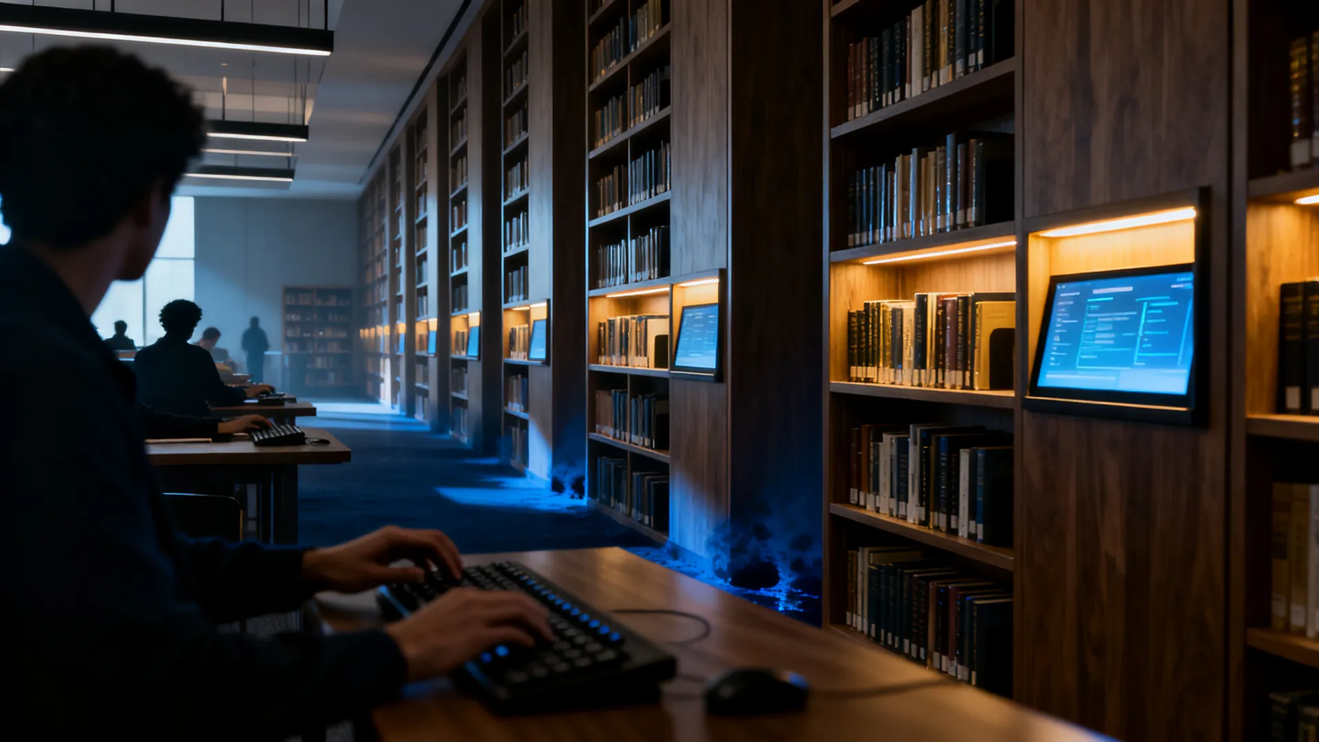 A vast modern library with tall bookshelves and glowing digital screens between the stacks