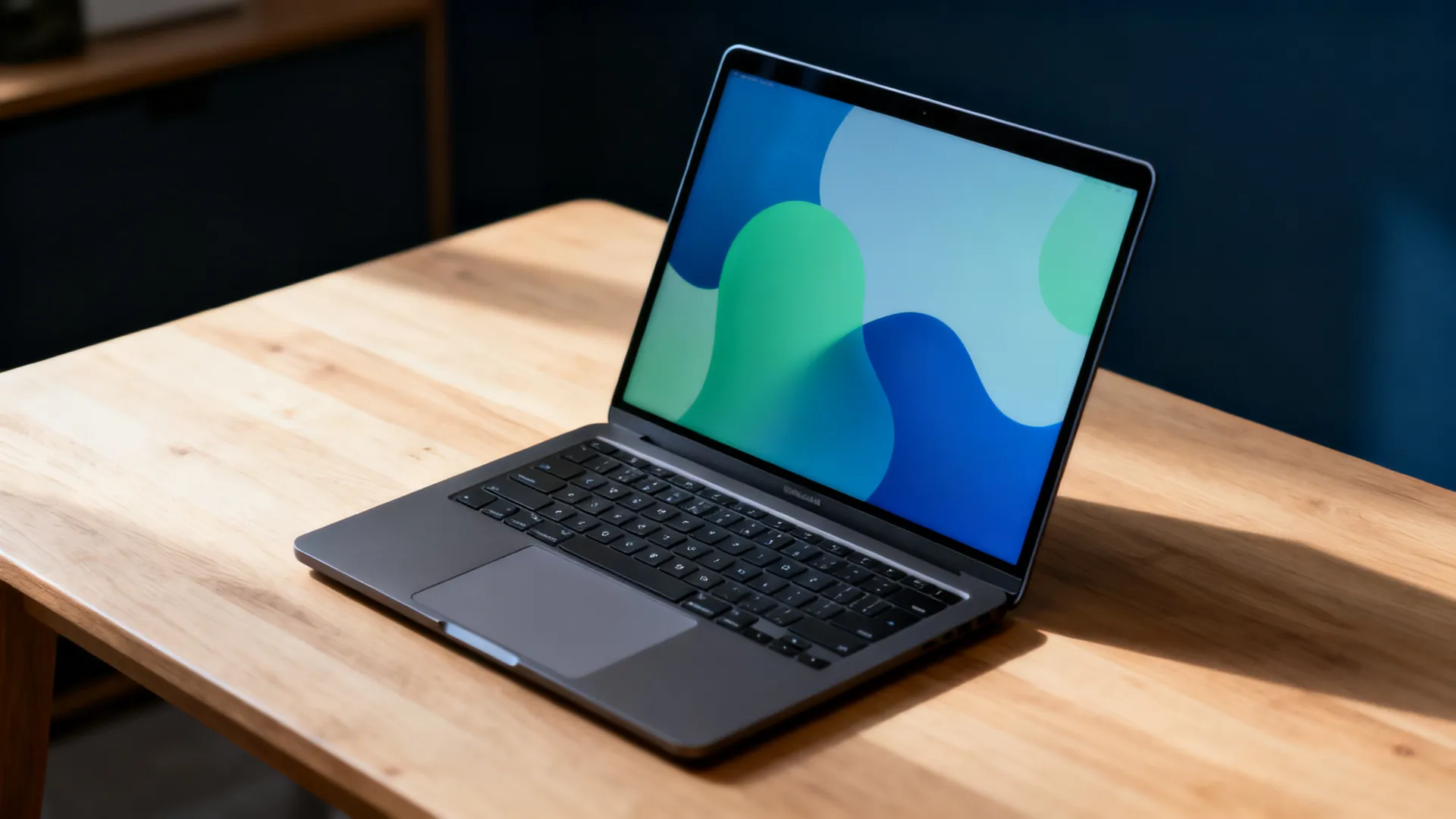 A thin generic silver laptop open on a clean white desk