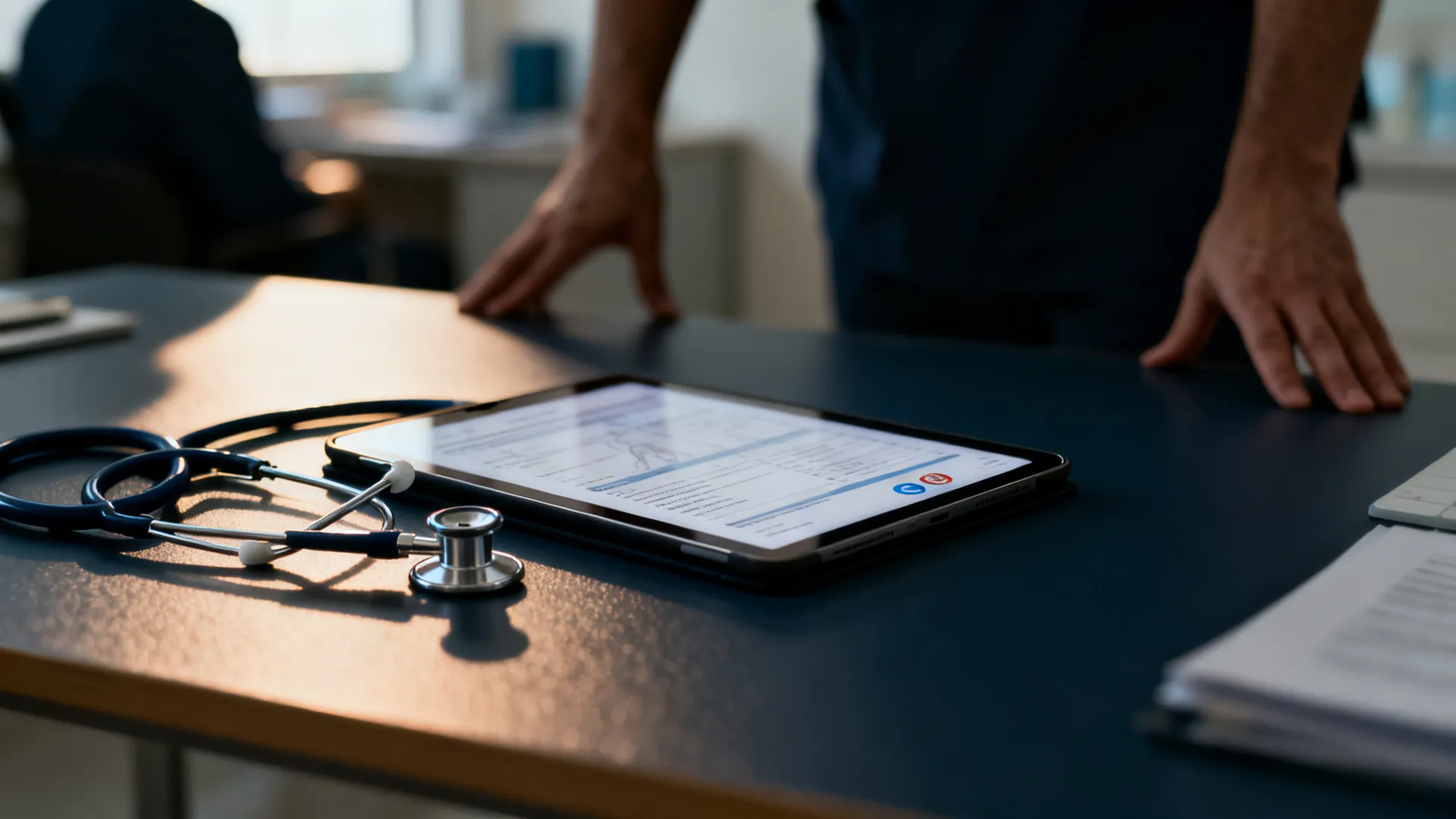 A doctor's desk in a clinic with a tablet showing blurred clinical notes