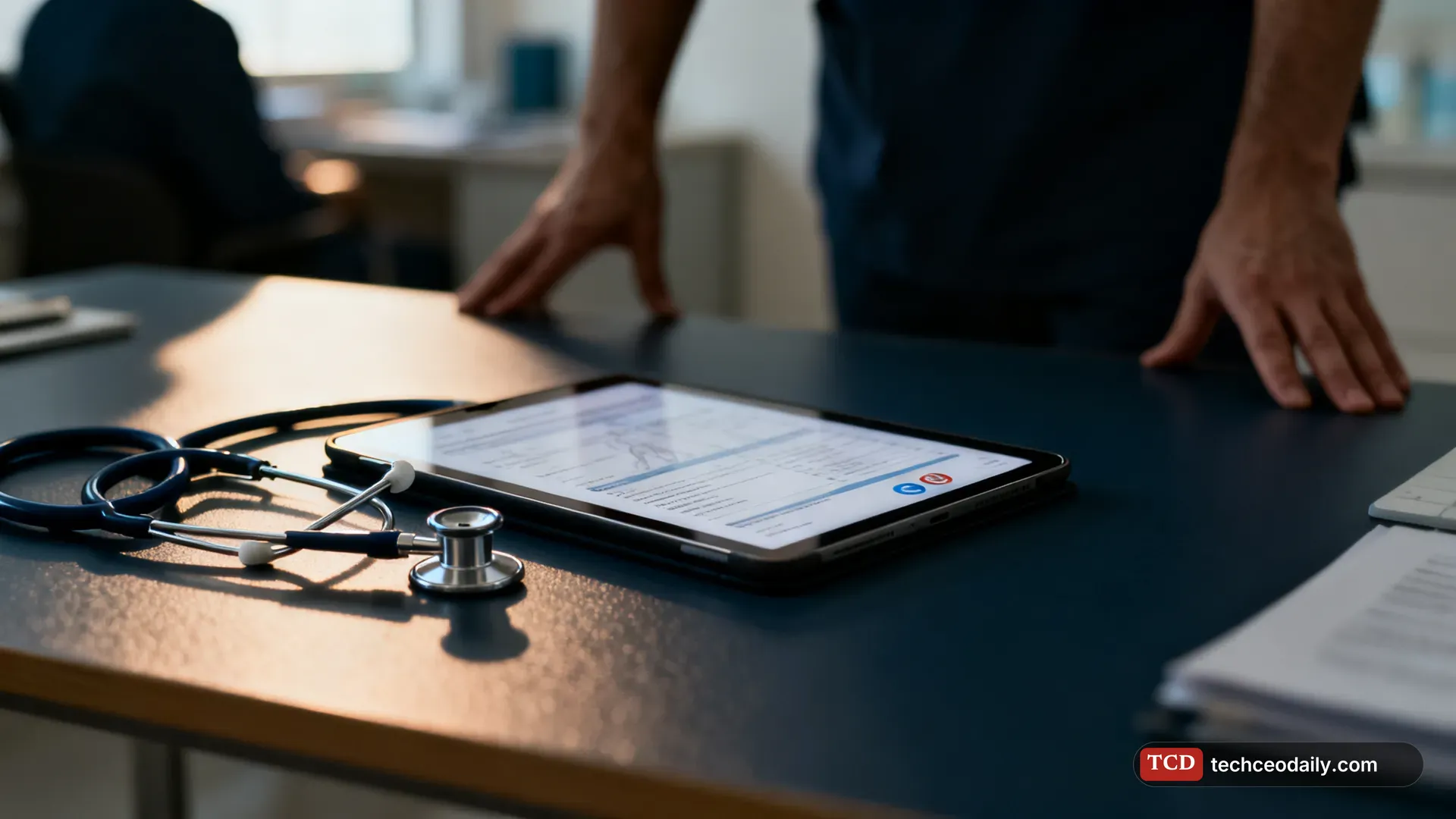 A doctor's desk in a clinic with a tablet showing blurred clinical notes