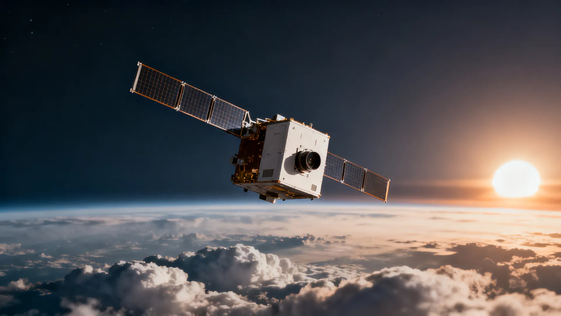 A small satellite orbiting Earth above the clouds with the sun on the horizon