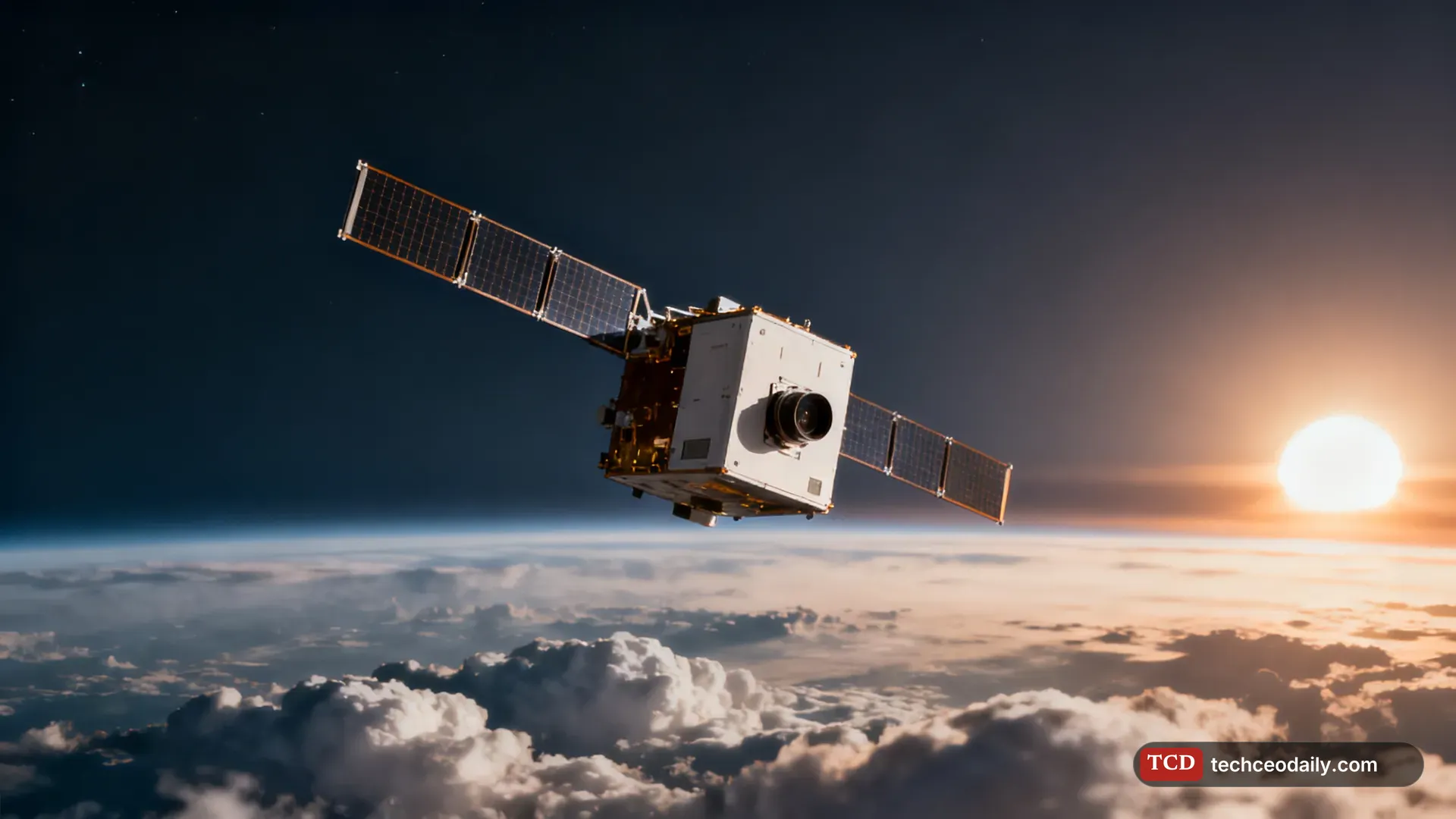 A small satellite orbiting Earth above the clouds with the sun on the horizon