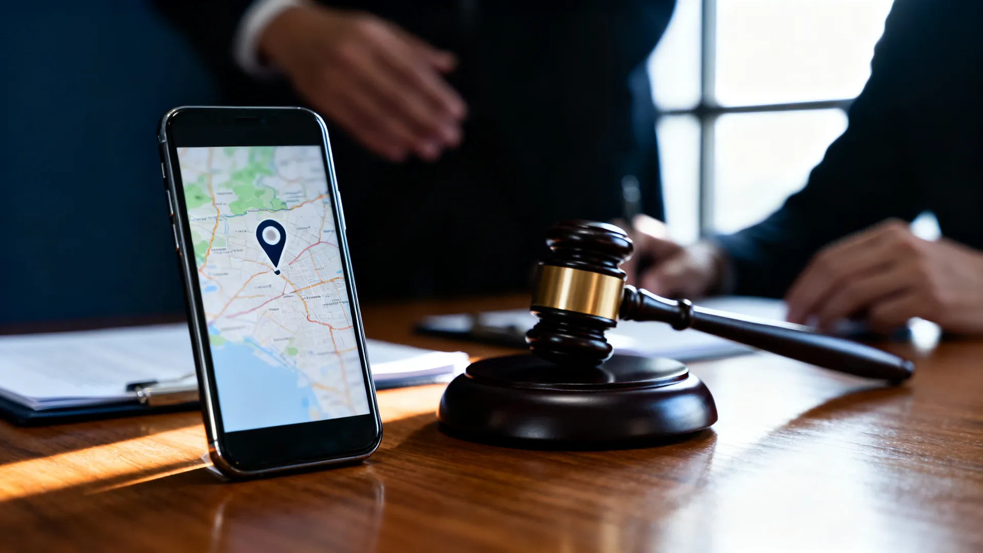 A smartphone on a wooden table showing a blurred map with location pins