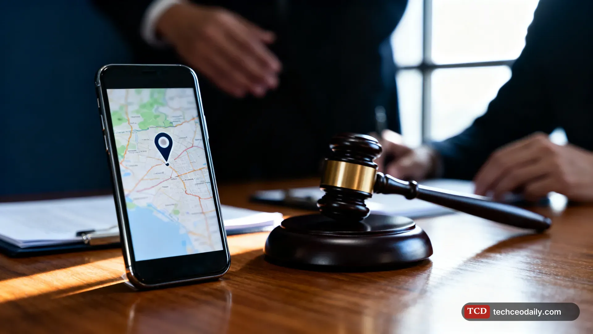 A smartphone on a wooden table showing a blurred map with location pins, illustrating Google GDPR fine