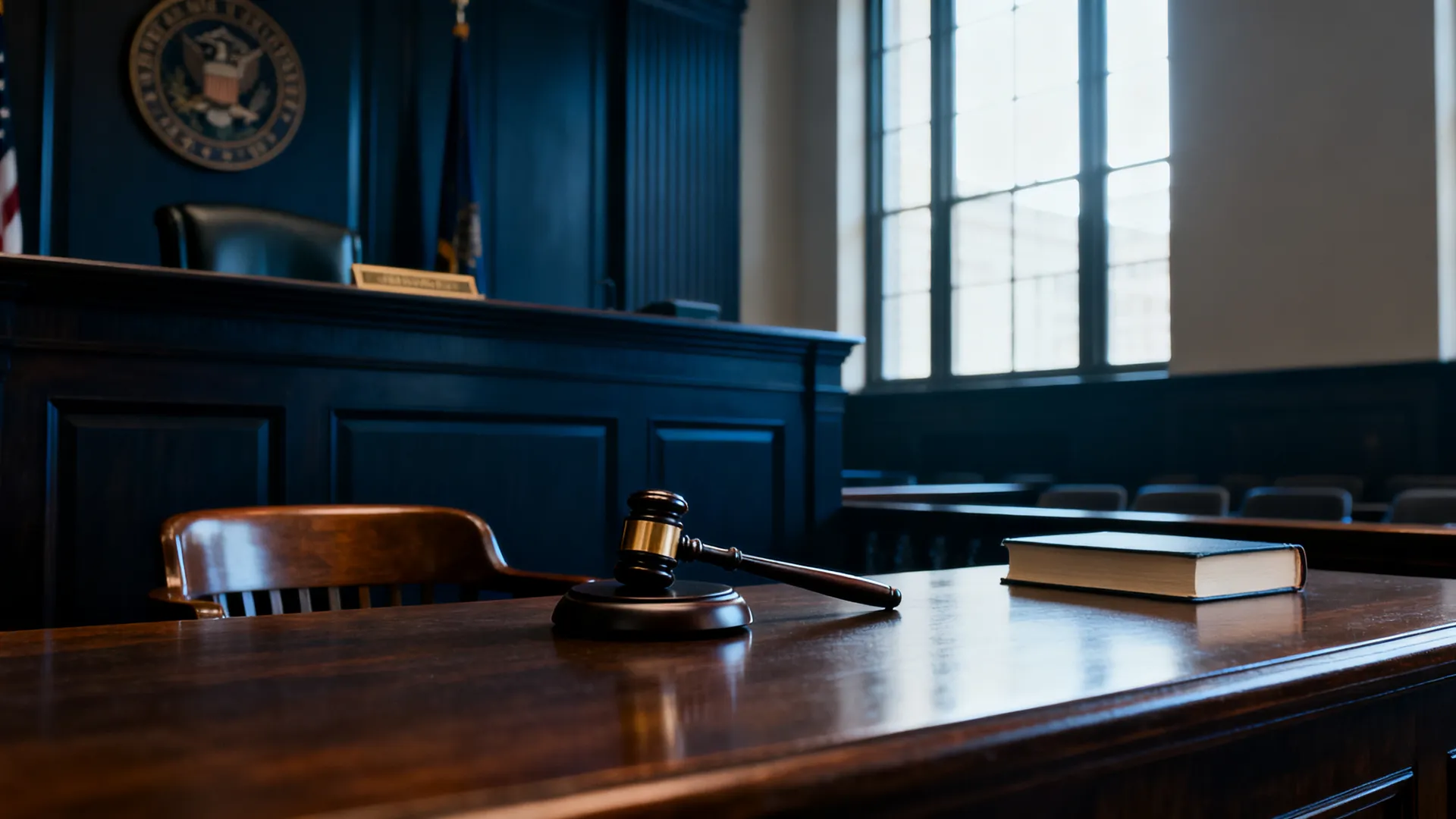 A federal courthouse interior with a wooden judge's bench