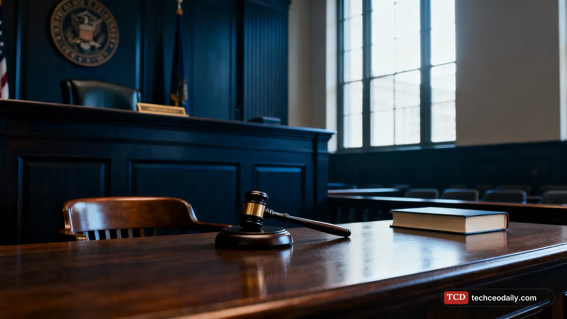 A federal courthouse interior with a wooden judge's bench, illustrating CFPB funding ruling