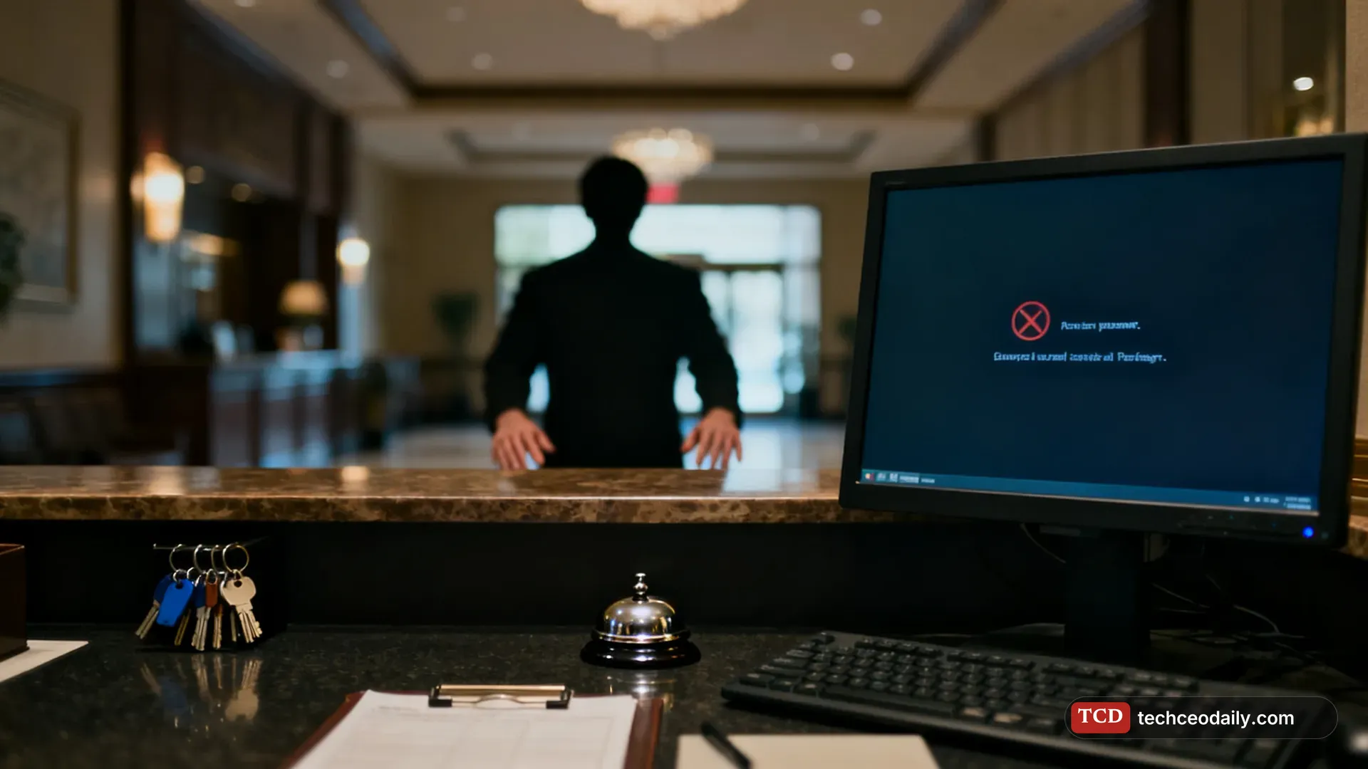 A hotel reception desk with a computer screen showing an error, illustrating Keio ransomware attack disrupts hotel bookings and store payments at Japanese rail group