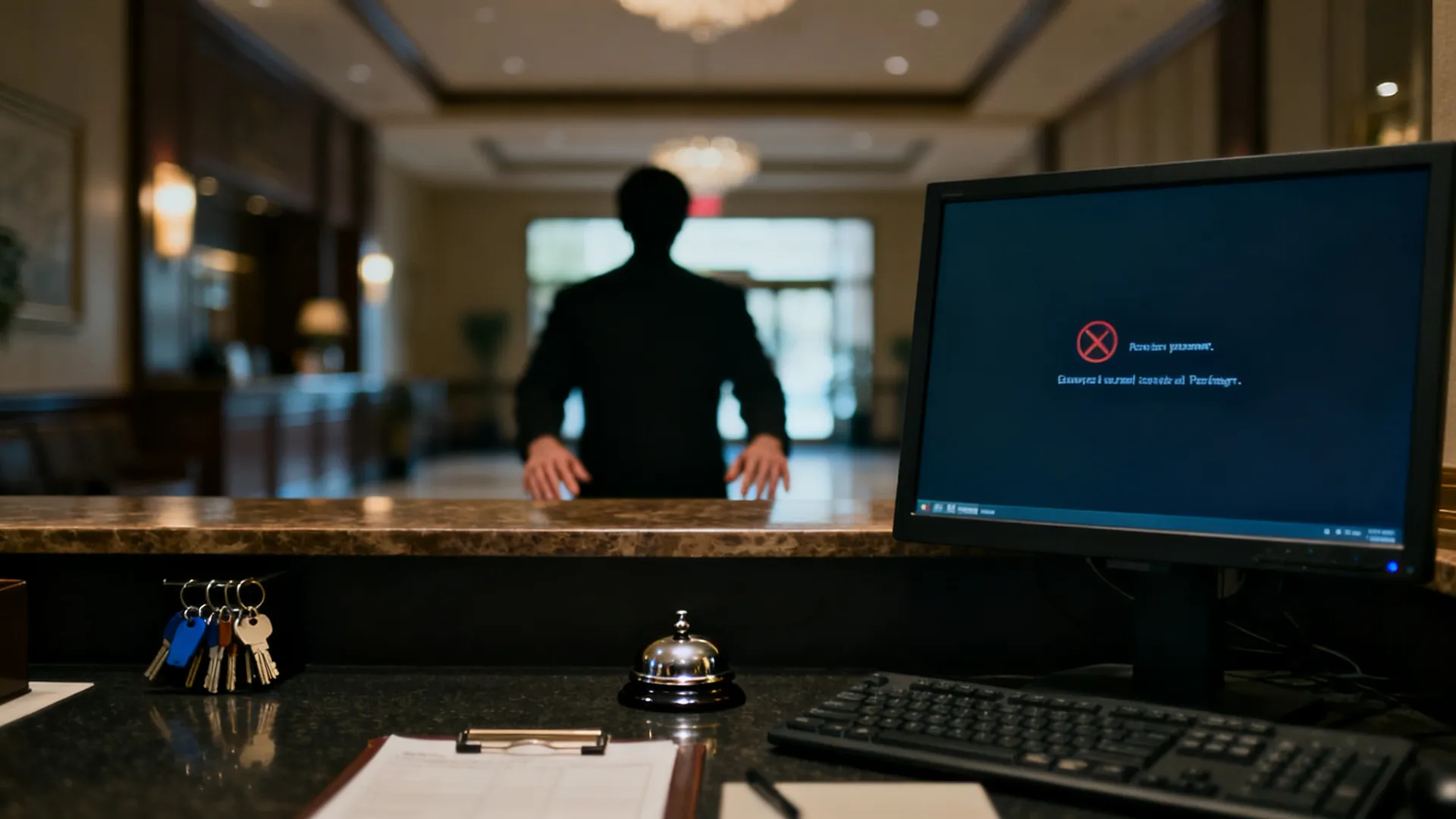 A hotel reception desk with a computer screen showing an error