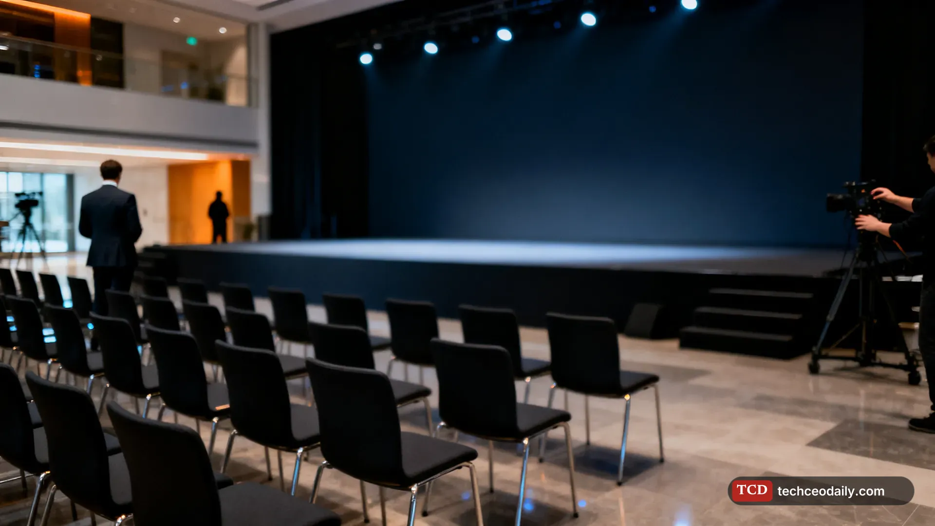 A corporate lobby of a tech company with a large empty stage being set up for an enterprise product launch, illustrating Meta launches Meta Enterprise Platform to sell AI to companies
