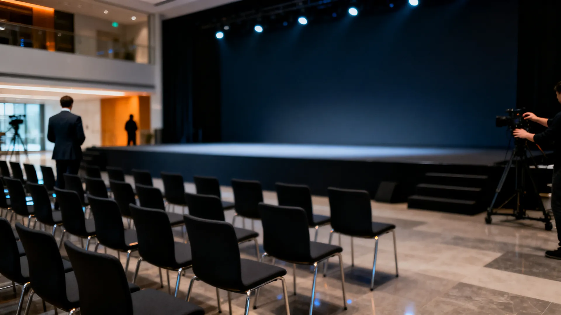 A corporate lobby of a tech company with a large empty stage being set up for an enterprise product launch