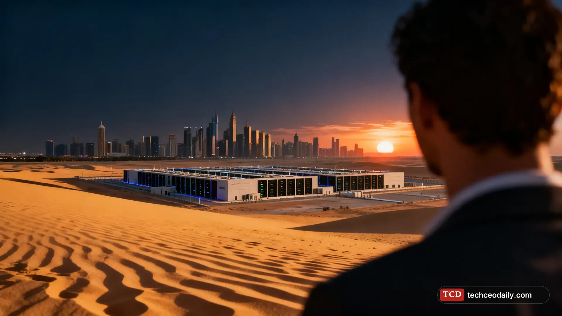 A modern Gulf city skyline at sunset with a large data center complex in the desert foreground