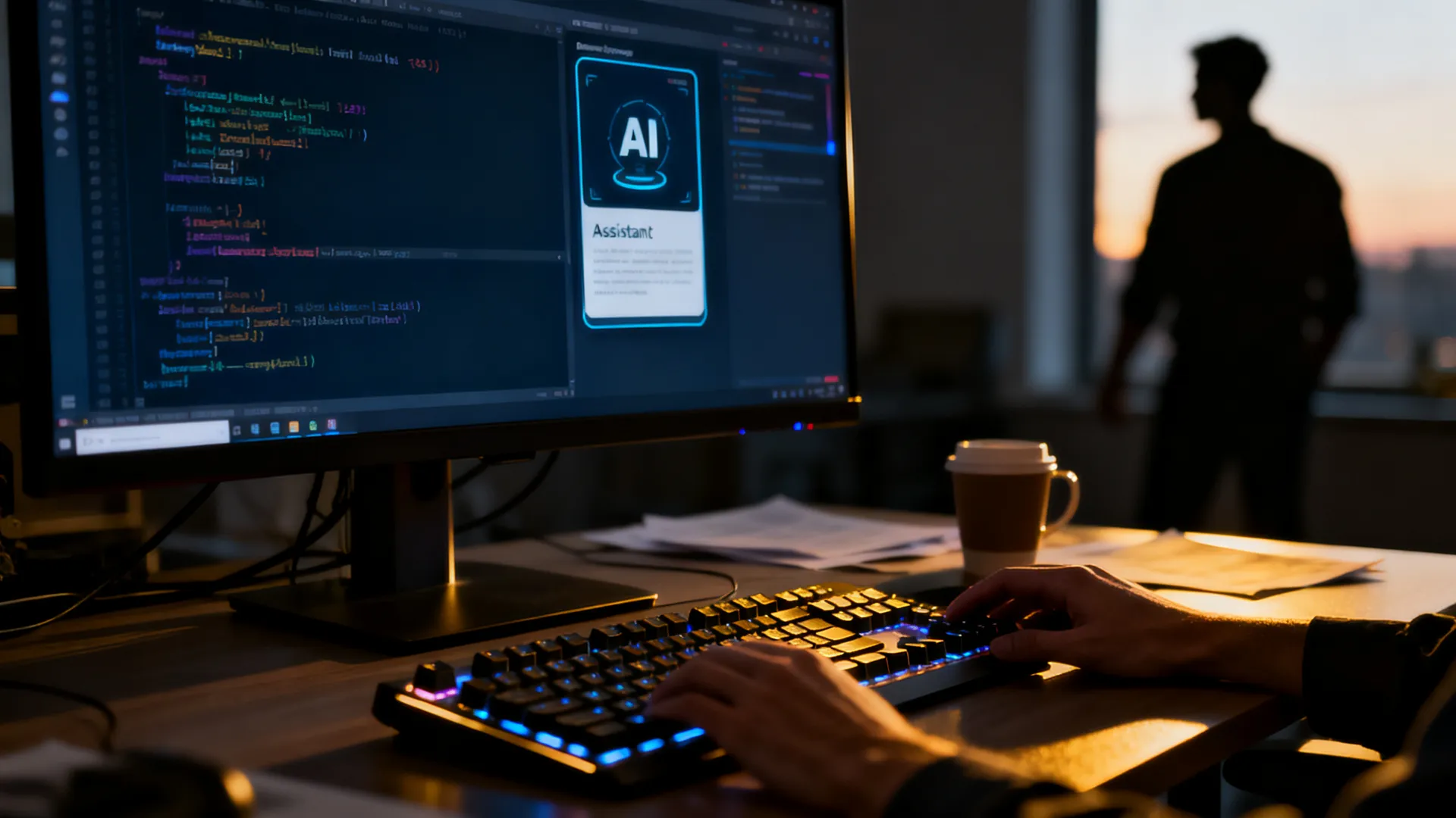 A developer's desk with a widescreen monitor showing blurred code and an AI assistant side panel