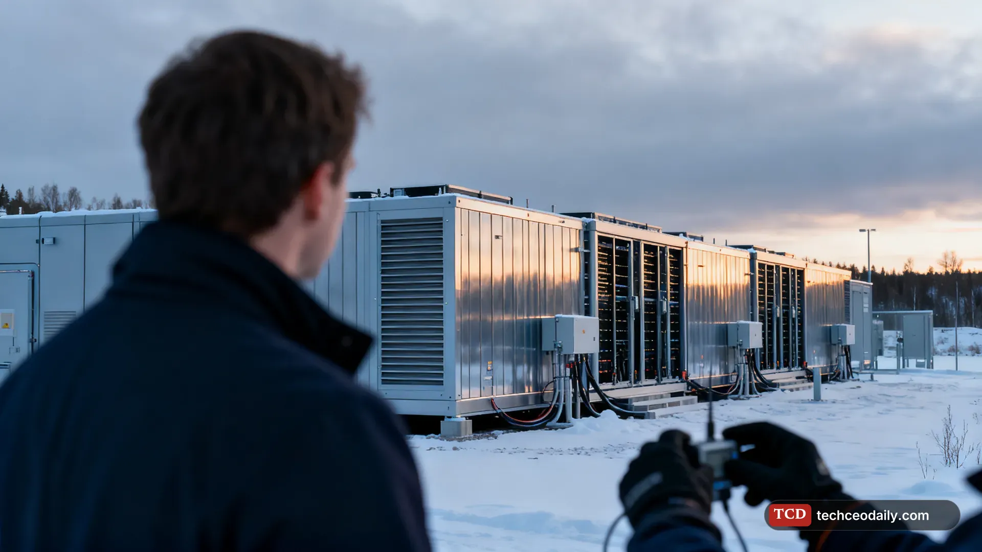 A hyperscale AI data center in a Nordic landscape with cooling units, illustrating Nscale IPO