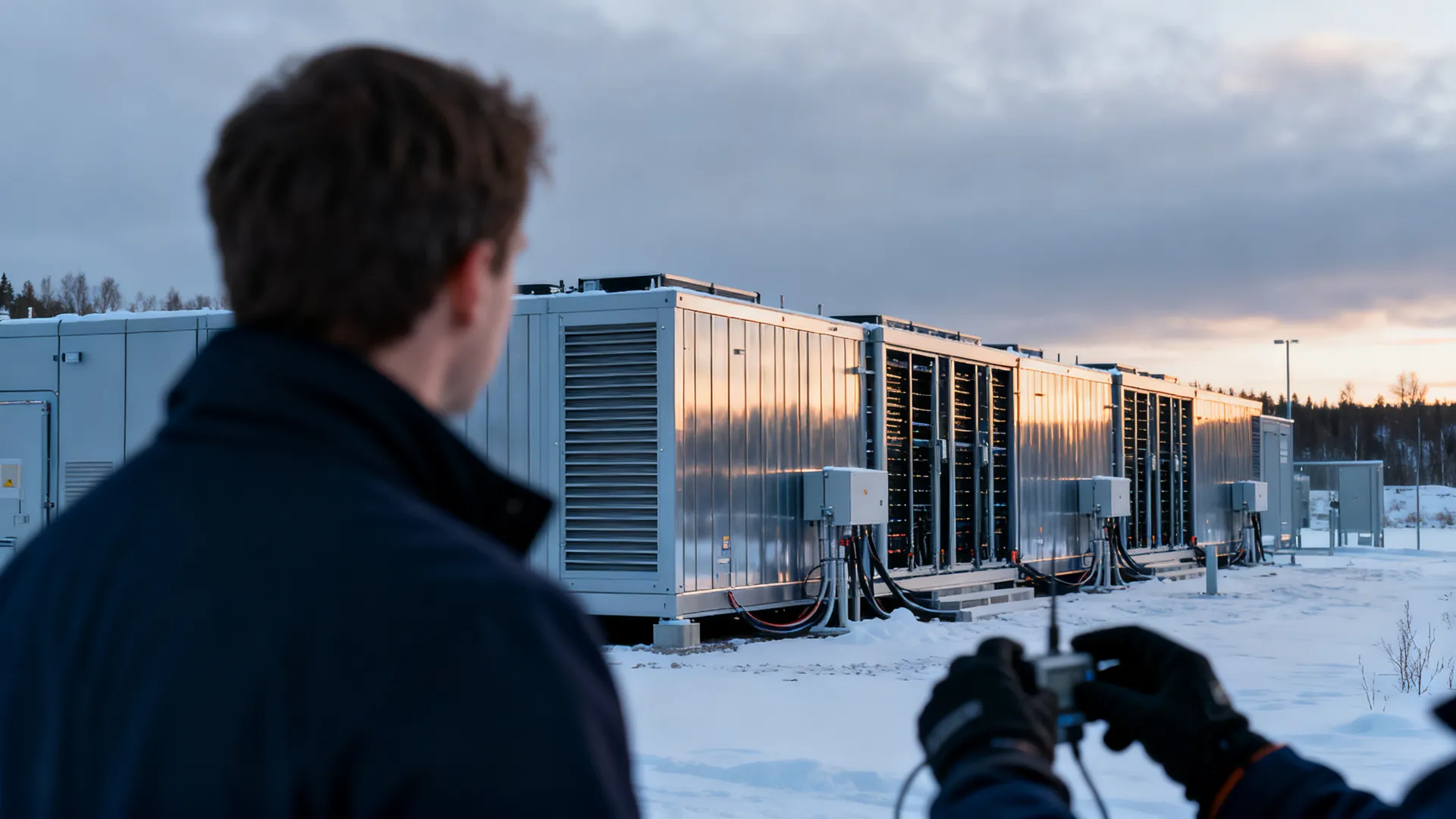 A hyperscale AI data center in a Nordic landscape with cooling units
