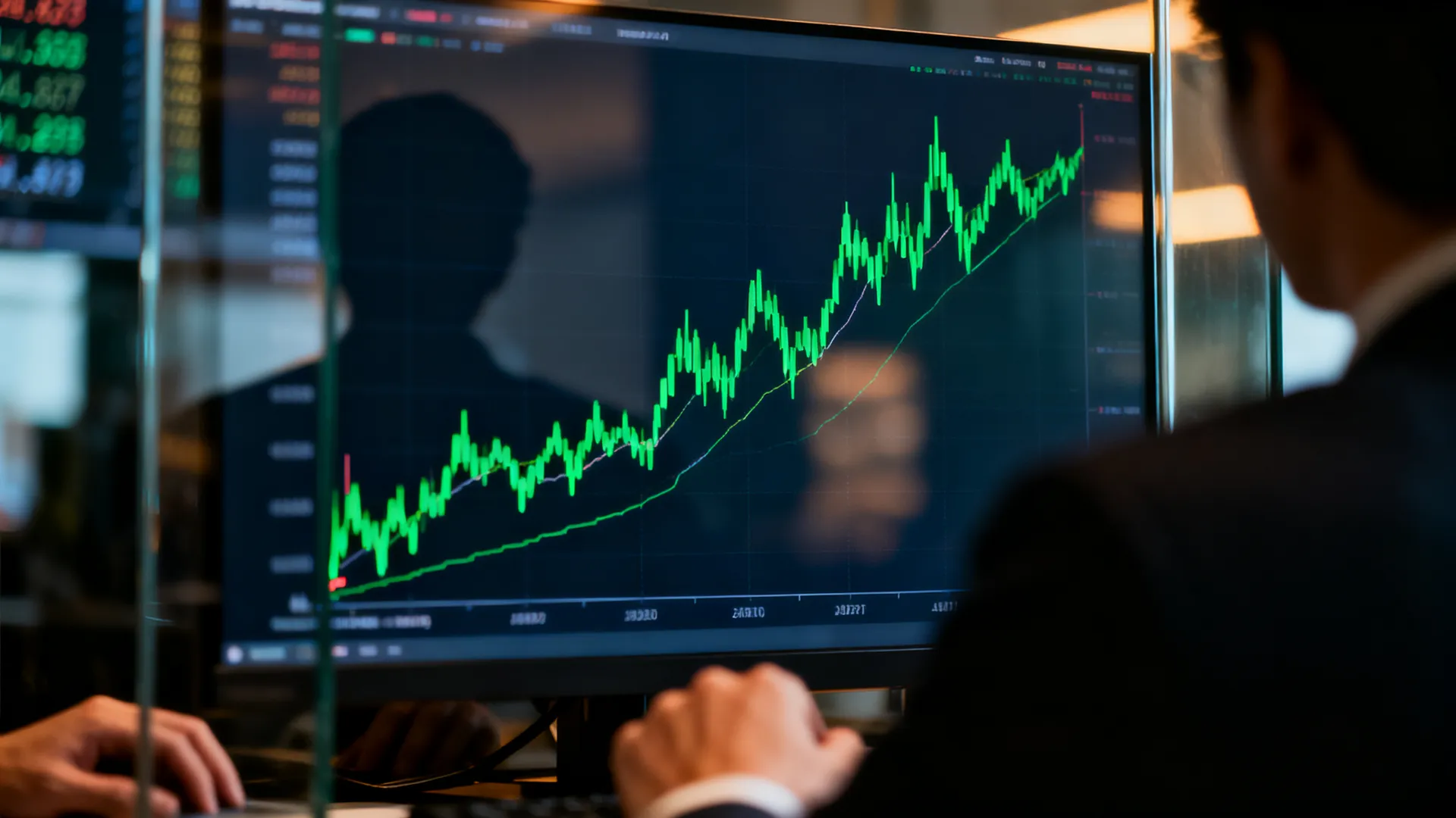 A stock exchange trading screen showing a rising green line chart and blurred ticker numbers