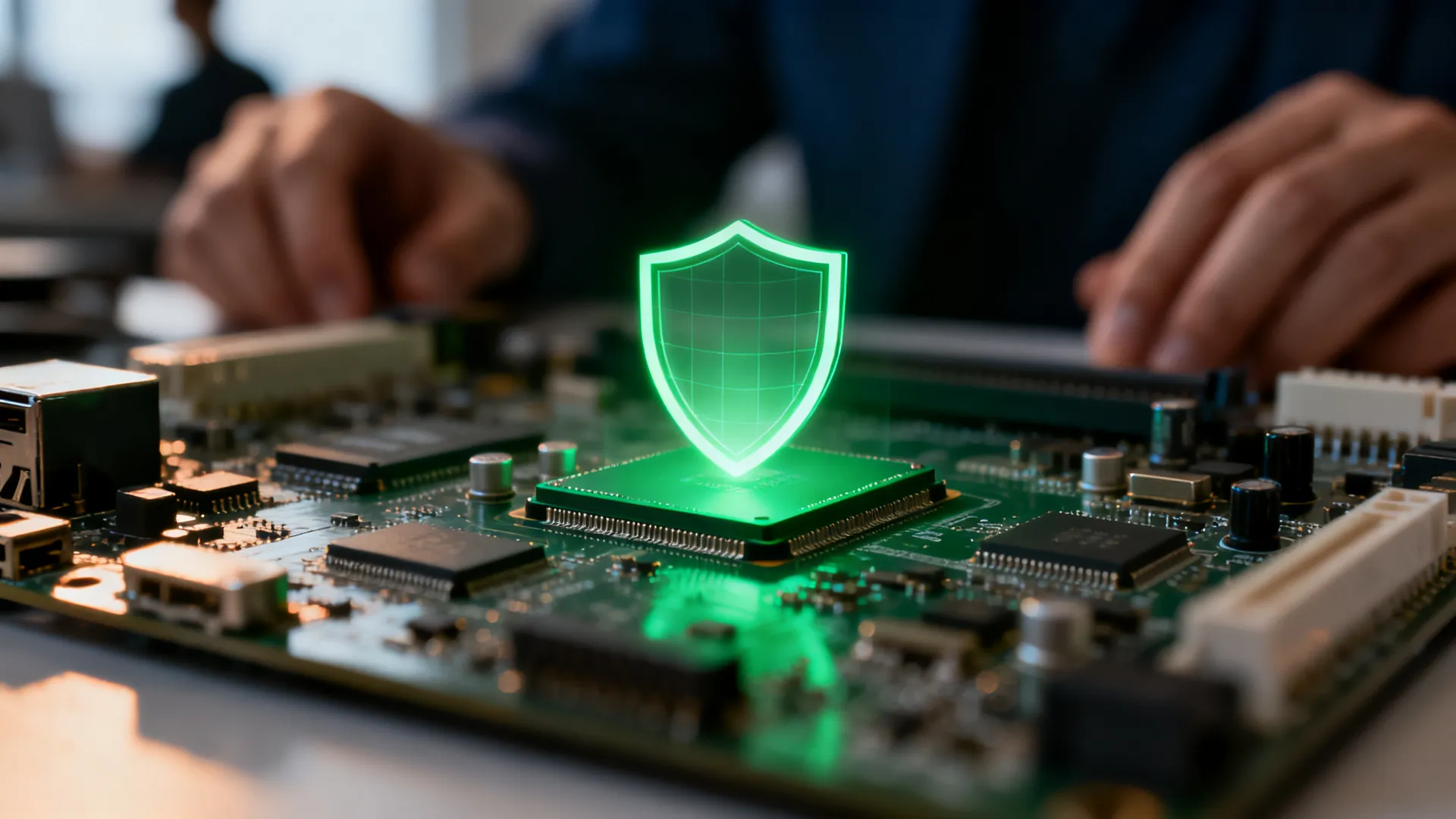 Extreme close-up of a green-lit computer chip on a motherboard with a glowing protective shield-like light pattern