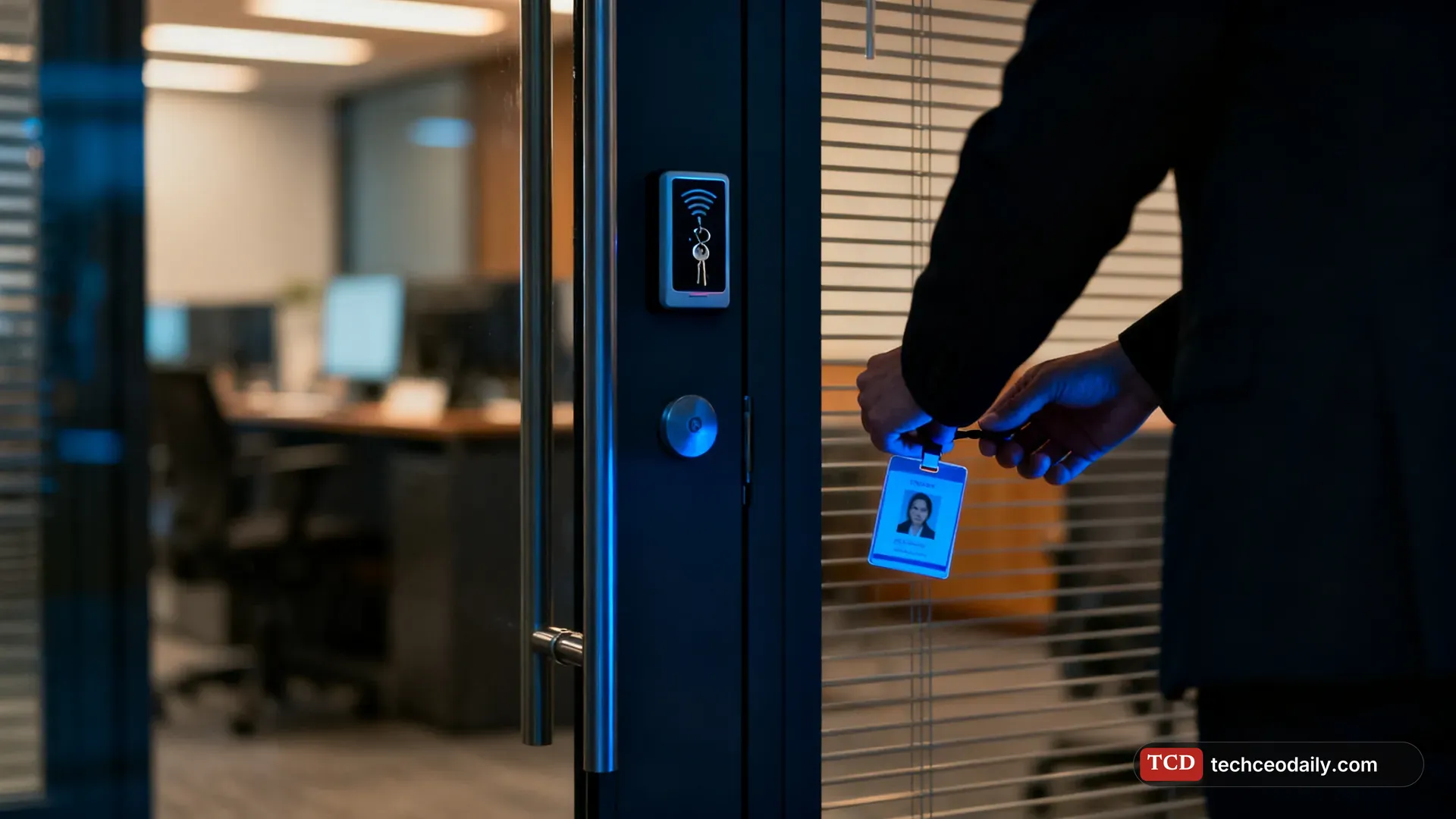A keycard access panel and badge reader on a glass office door, illustrating Omada EmpowerID acquisition aims to govern AI agents alongside human users