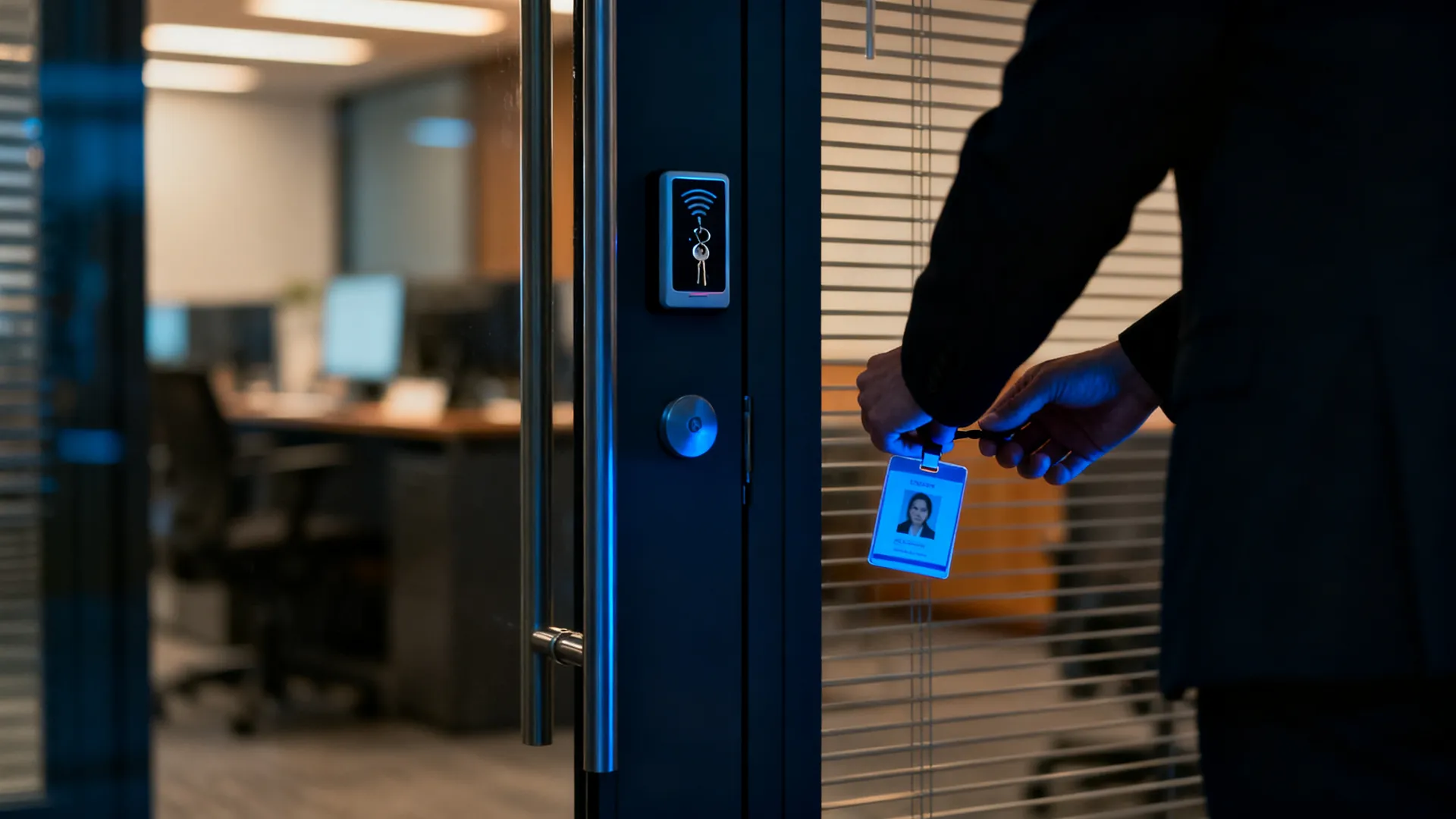 A keycard access panel and badge reader on a glass office door