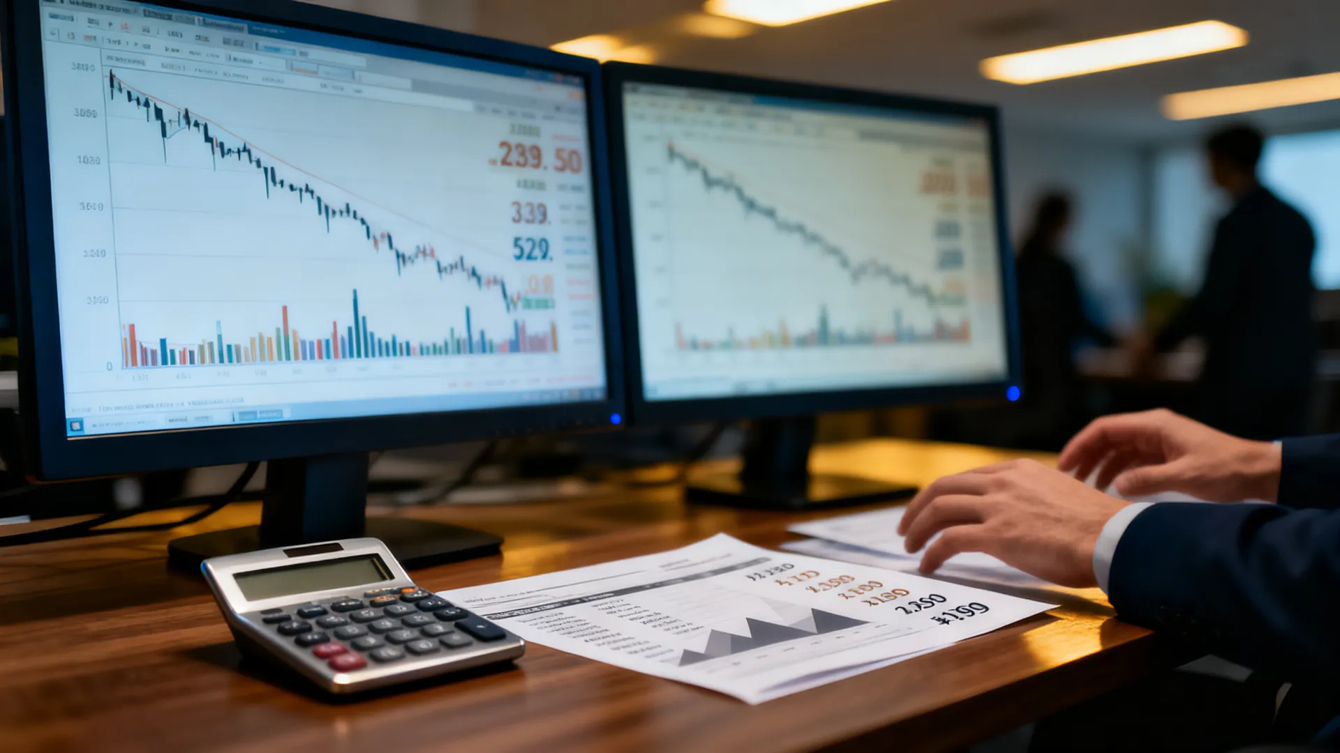Two computer screens side by side on a desk showing blurred declining price charts