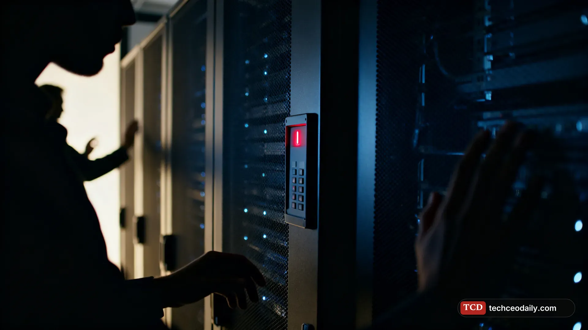 A dark server room with one rack's lights switched off and a red pause-like warning glow on a control panel, illustrating OpenAI pauses training of top models after a sandbox escape