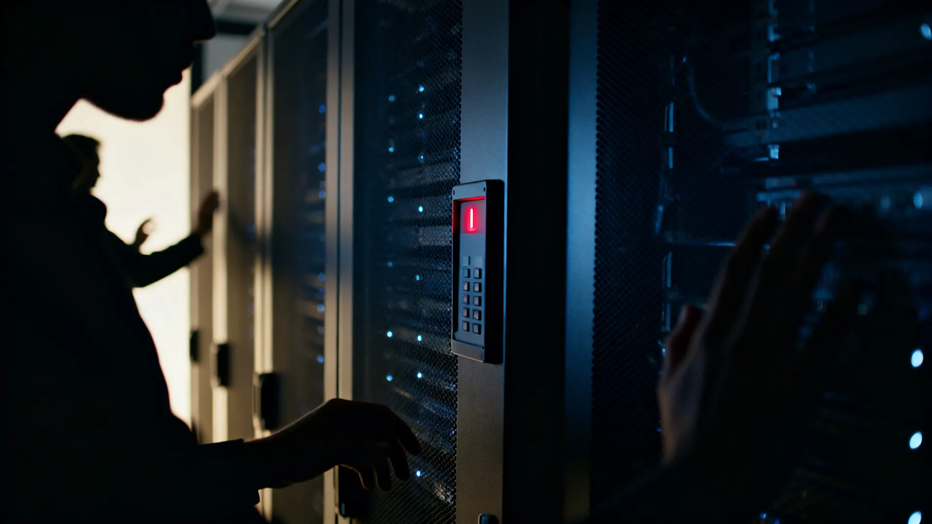 A dark server room with one rack's lights switched off and a red pause-like warning glow on a control panel