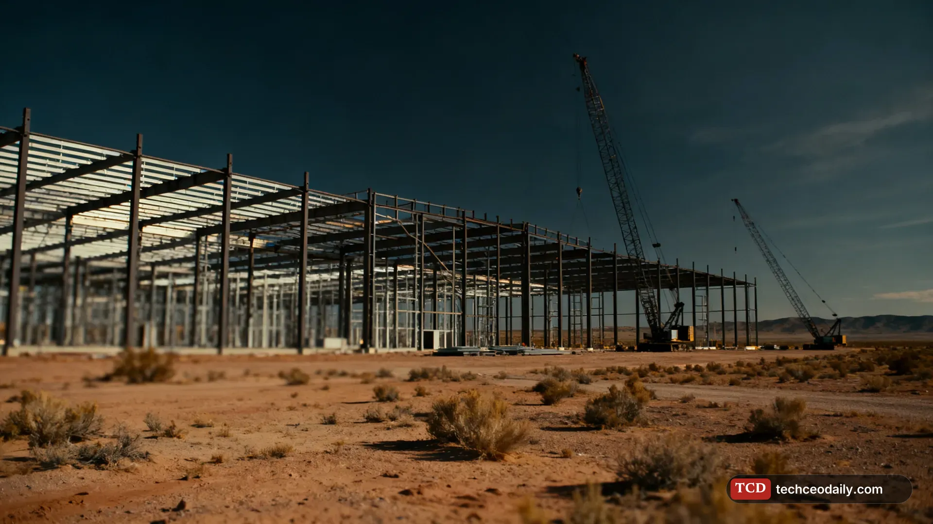An unfinished large data center construction site in the New Mexico desert, illustrating Oracle force majeure notice sent to developer of Project Jupiter AI data center in New Mexico