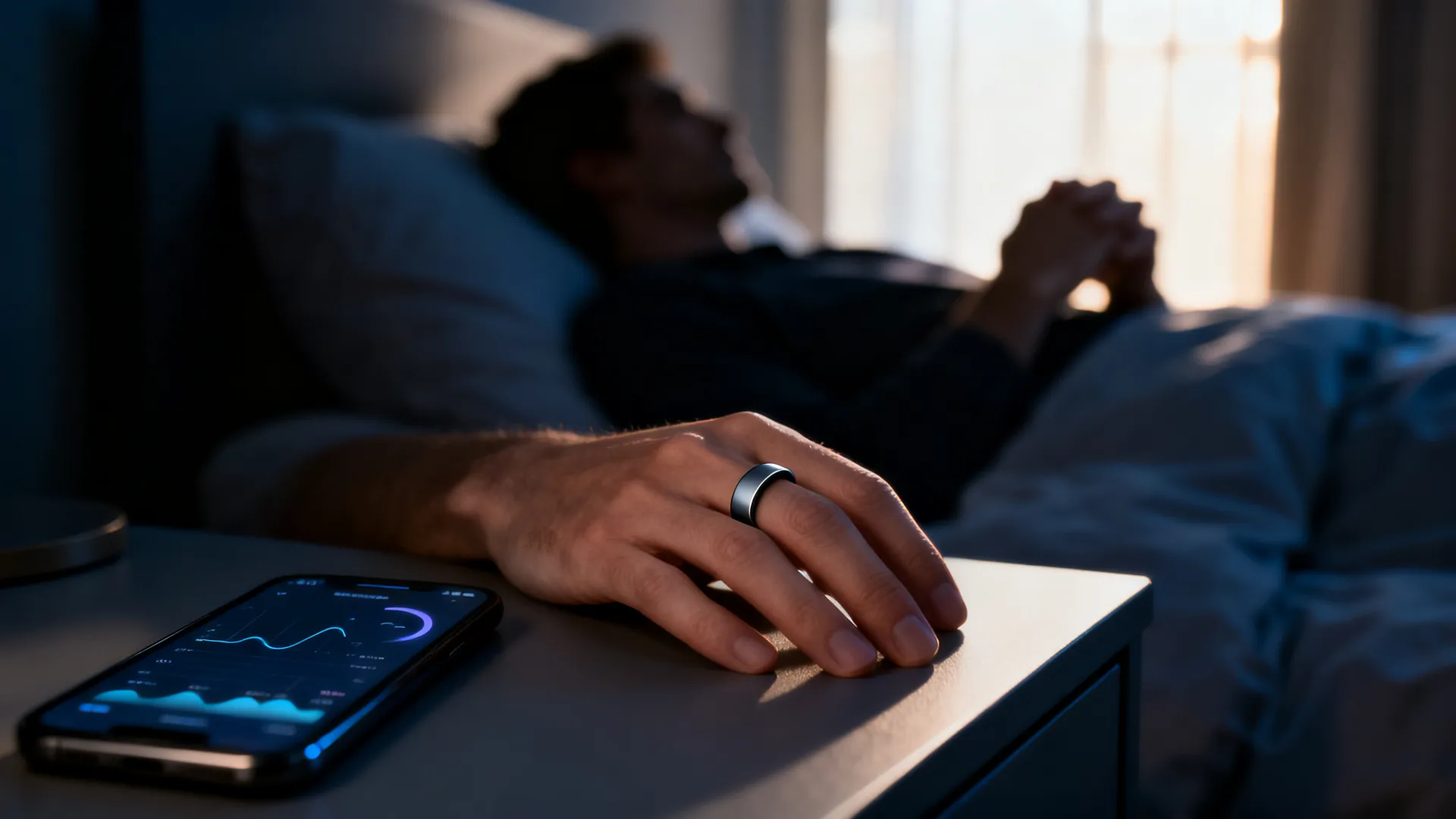 Close-up of a plain matte smart ring on a hand resting on a bedside table next to a phone showing blurred sleep charts