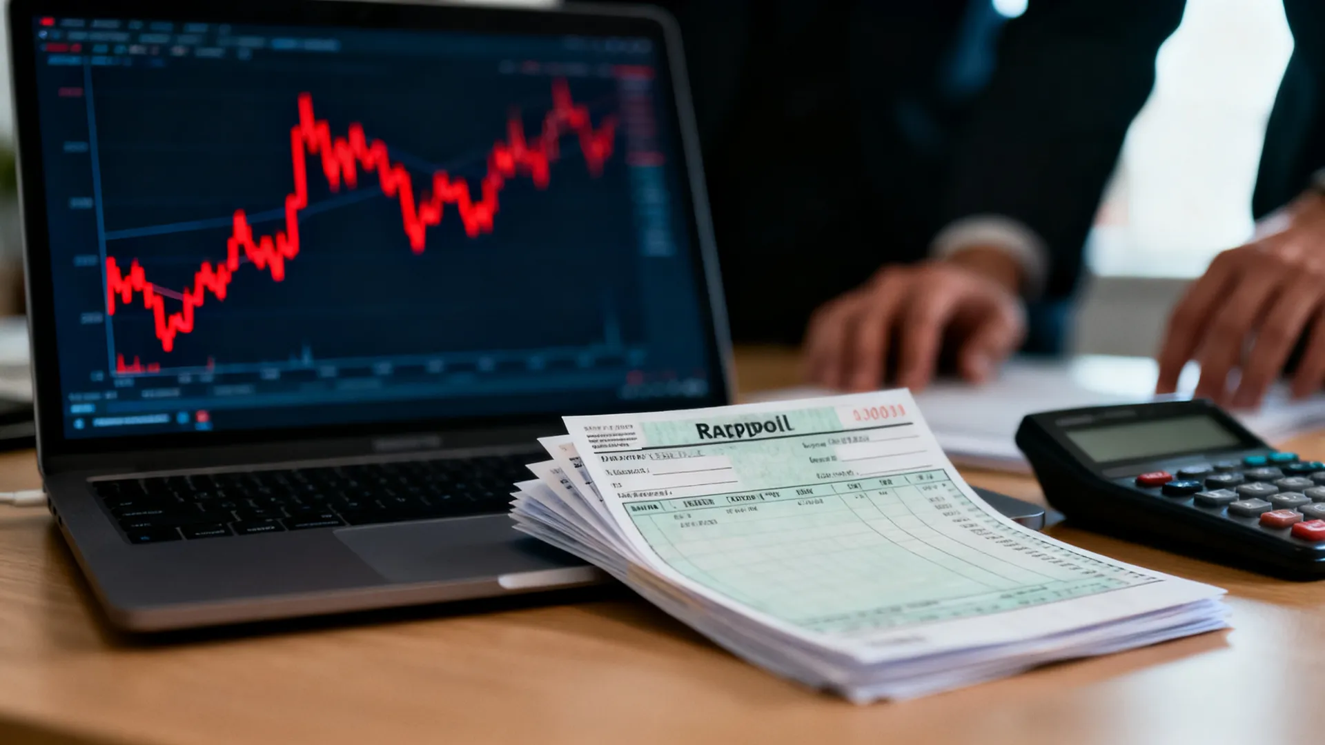 Payroll checks and a laptop showing a blurred stock chart dipping red