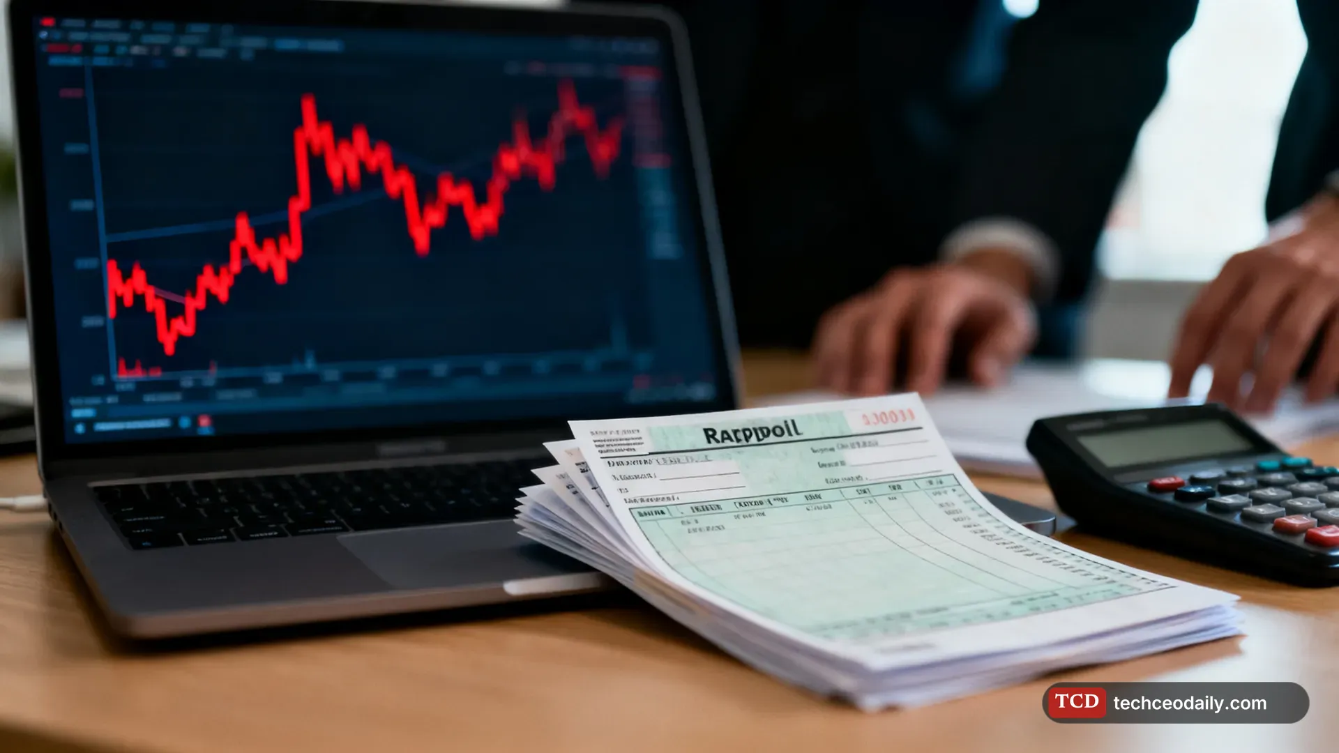 Payroll checks and a laptop showing a blurred stock chart dipping red