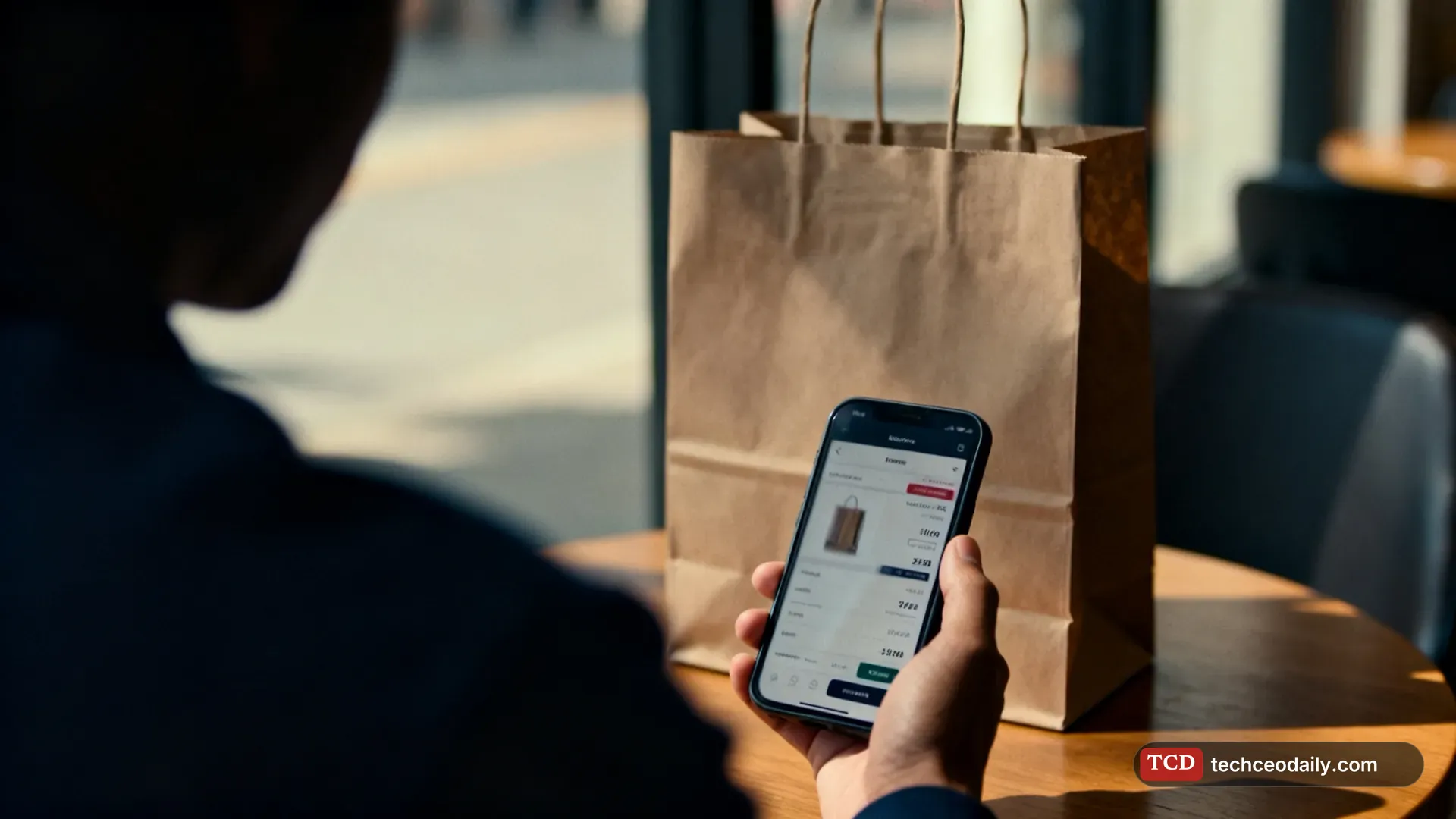 A hand holding a smartphone showing a blurred shopping checkout screen