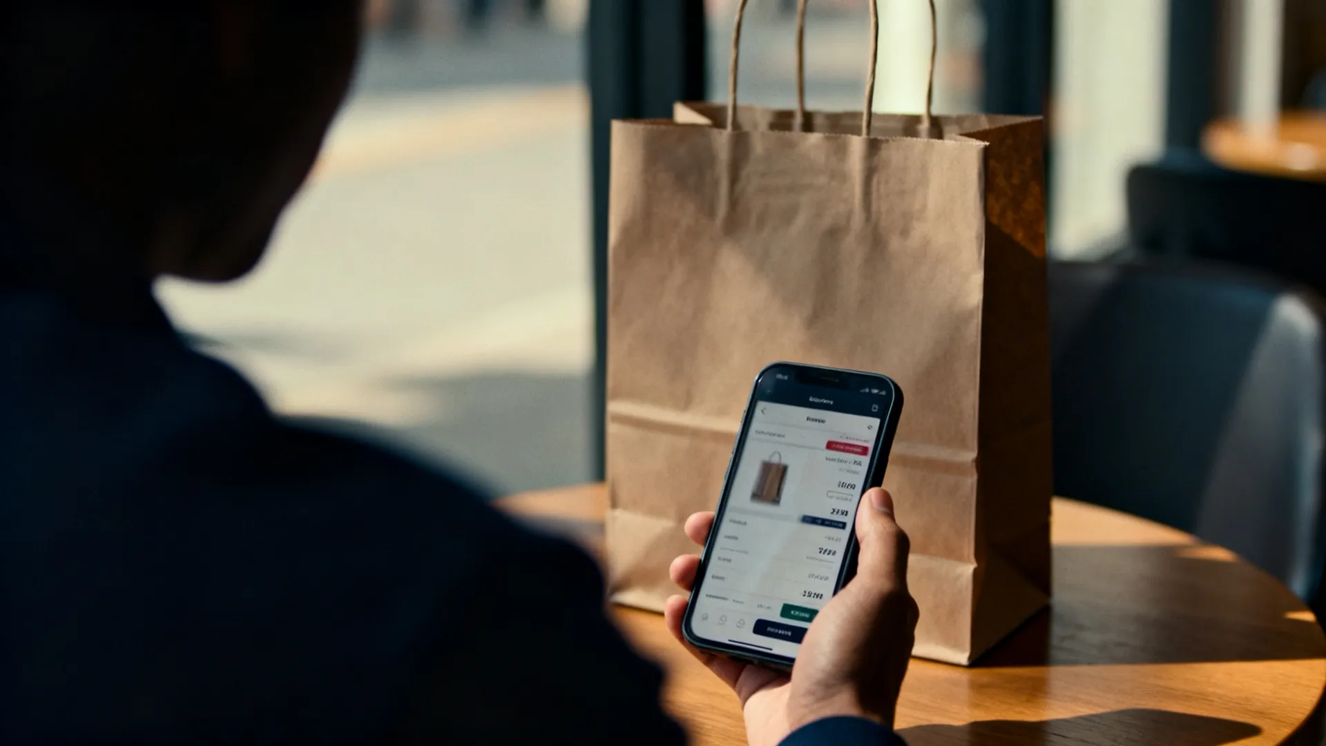 A hand holding a smartphone showing a blurred shopping checkout screen